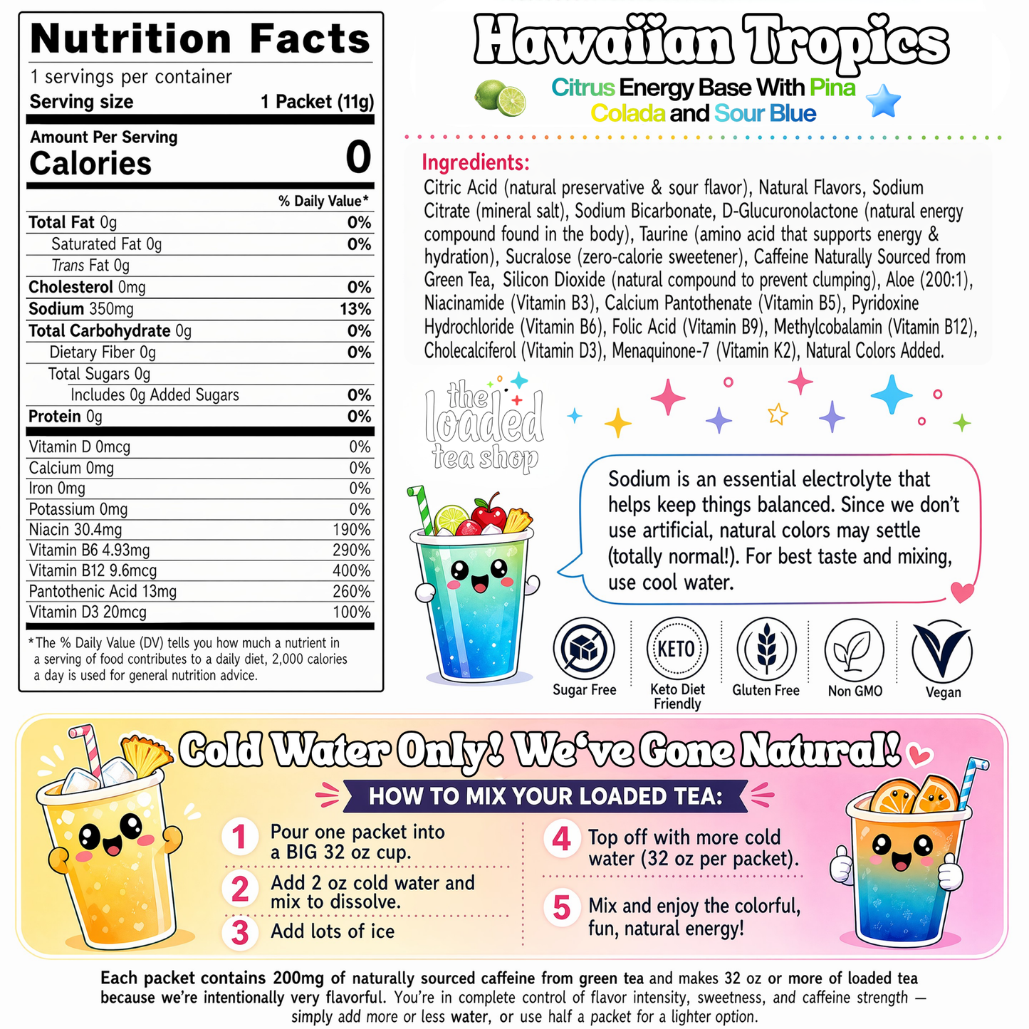 Hawaiian Tropics citrus energy base powder nutrition facts and ingredient panel