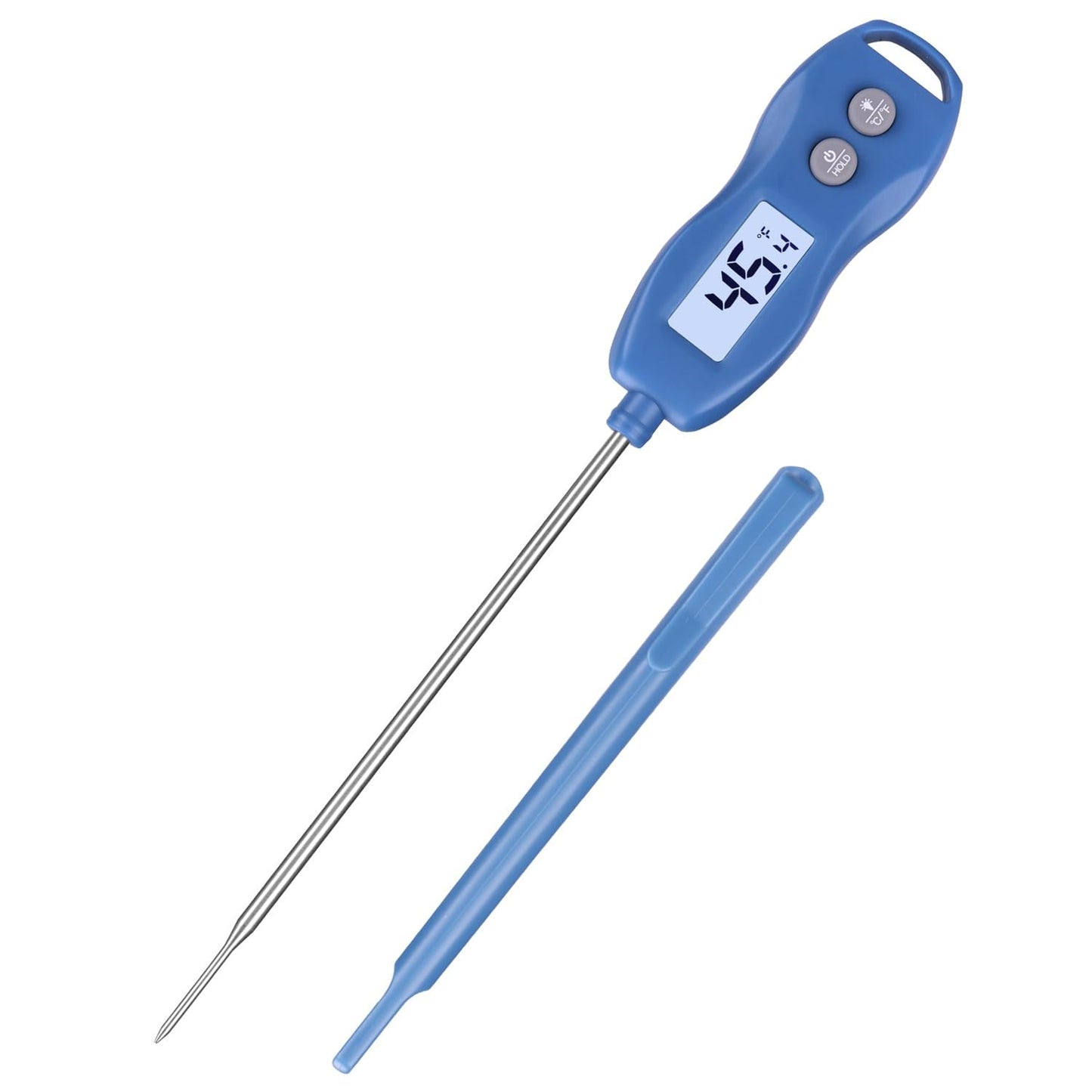 Blue instant-read thermometer with long stainless probe and LCD temperature screen