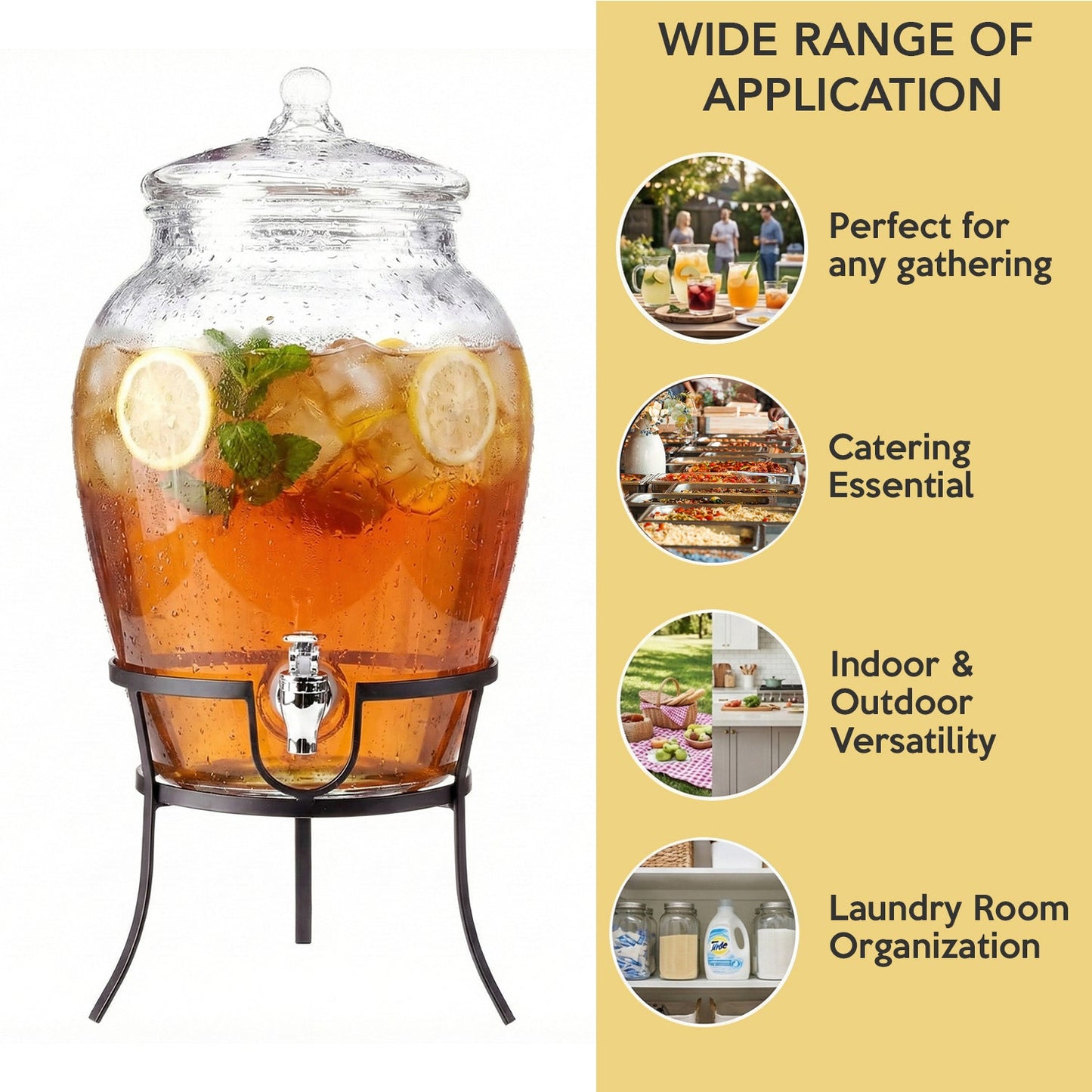 Glass beverage dispenser with clear lid and metal stand, filled with orange fruit drink