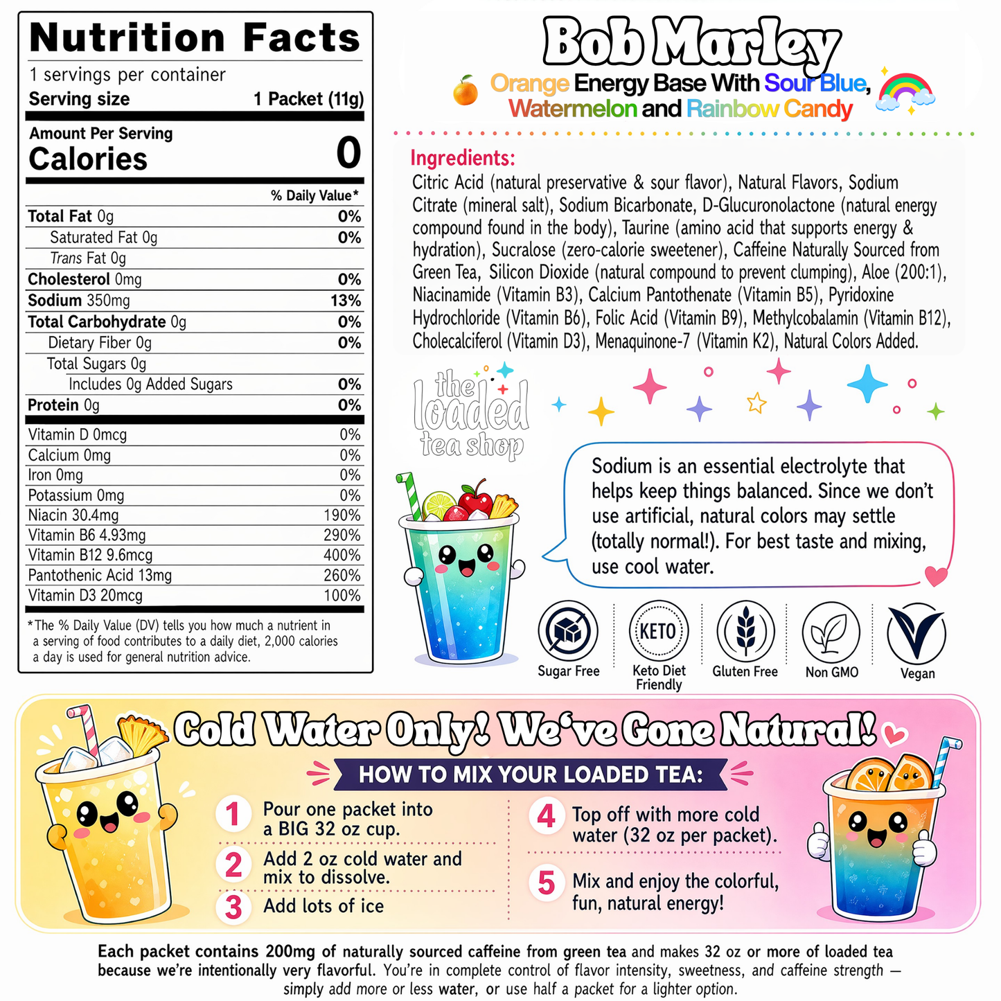 Nutrition facts and ingredients panel for a loaded tea packet with Bob Marley branding