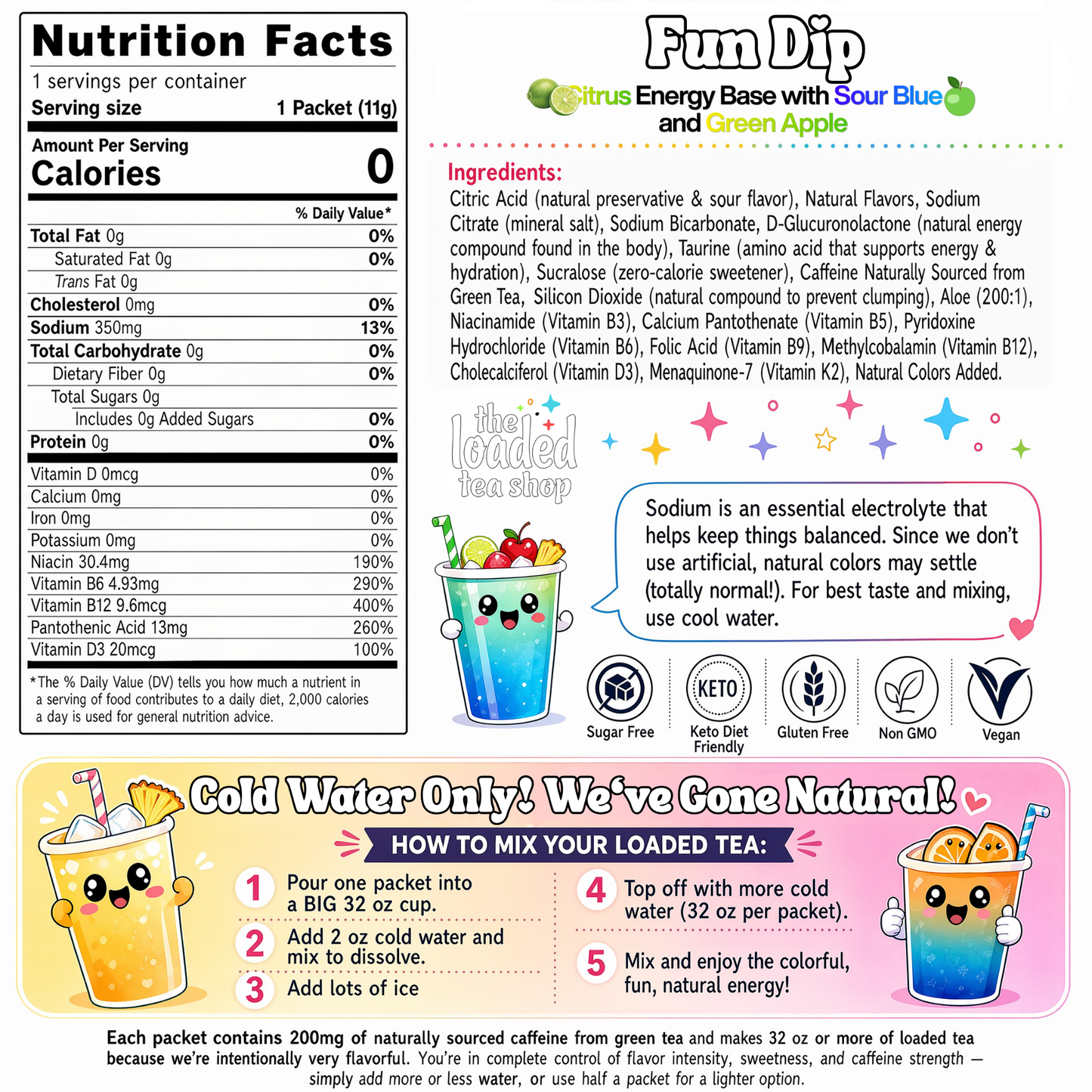 Fun Dip citrus energy base packet nutrition facts and ingredient list with icons