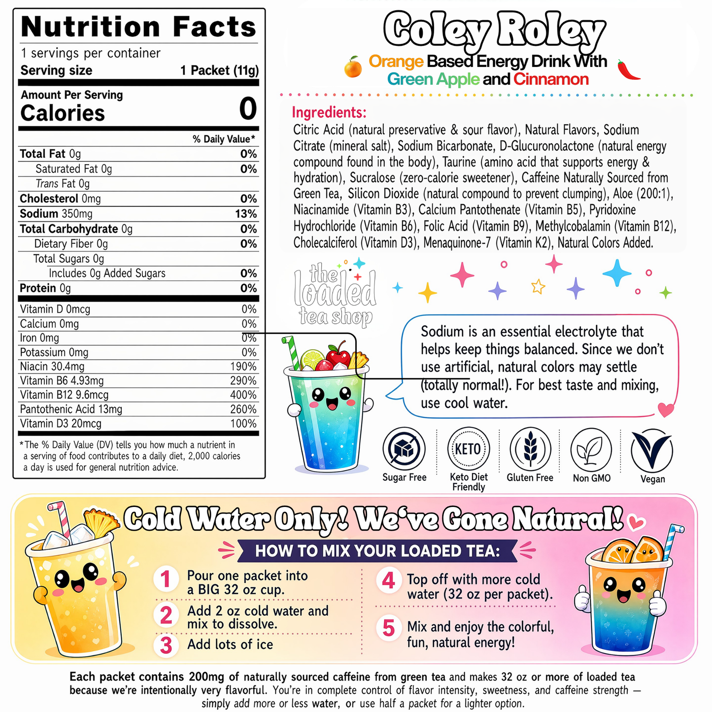 Coley Roley loaded tea nutrition facts and ingredients panel with tea packet