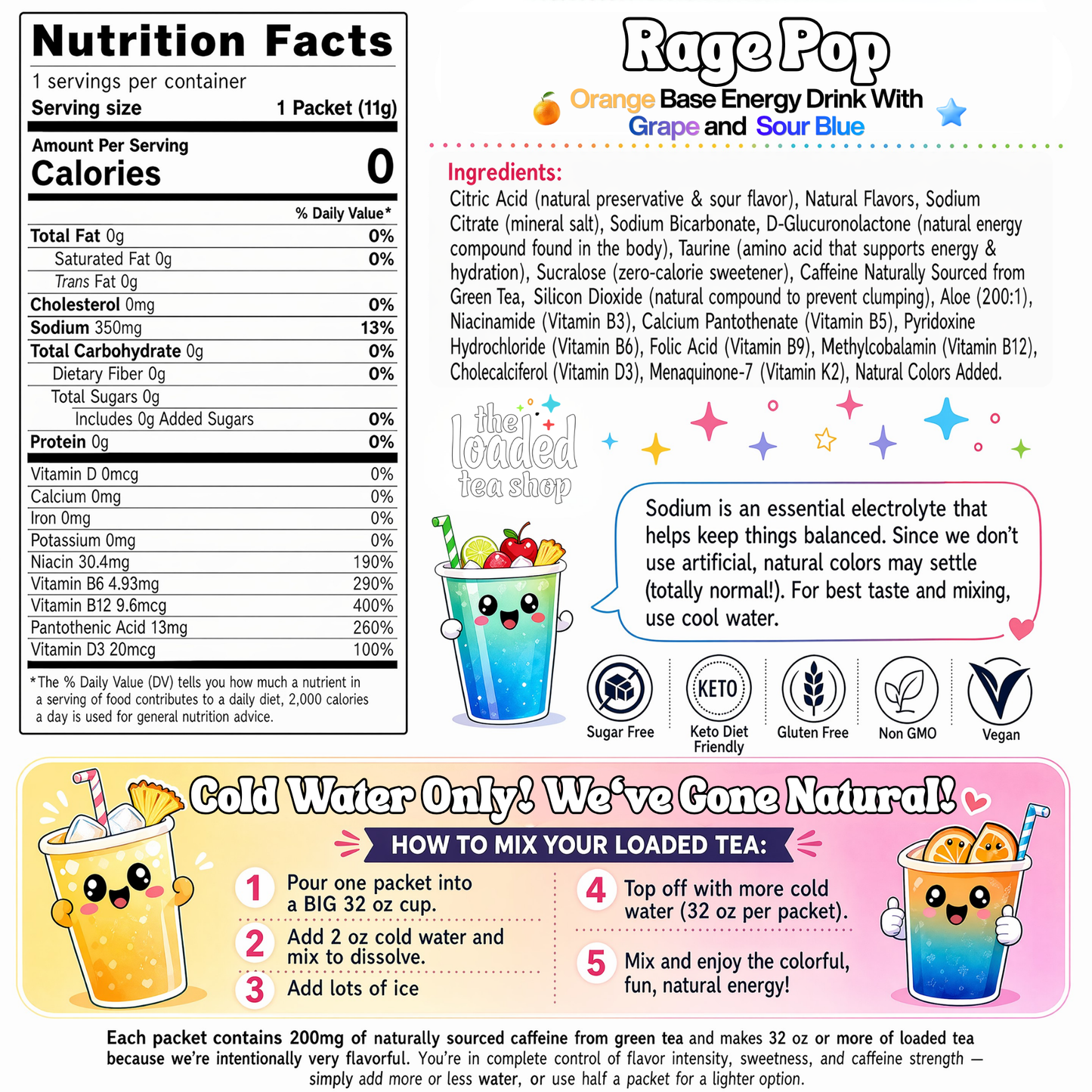 Rage Pop energy drink packet nutrition facts panel with ingredient list