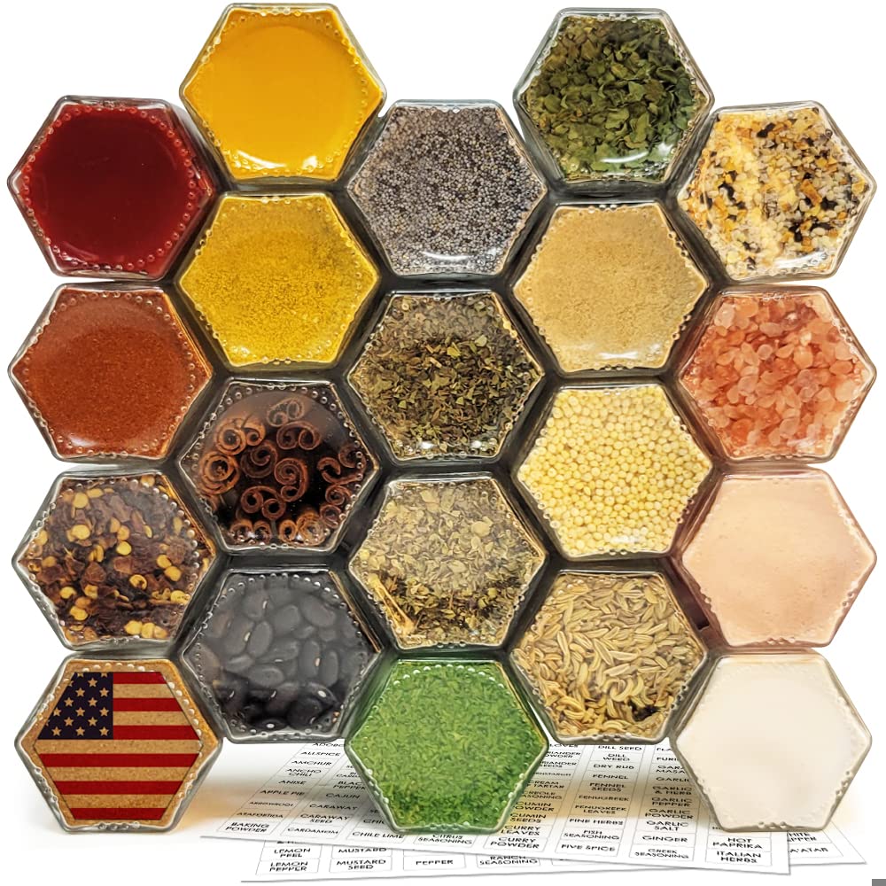 20-piece hexagon magnetic spice jar set showing multiple filled jars