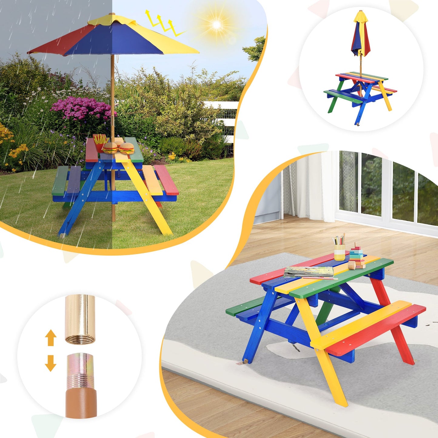Kids picnic table with detachable umbrella, multicolor tabletop and benches shown outdoors