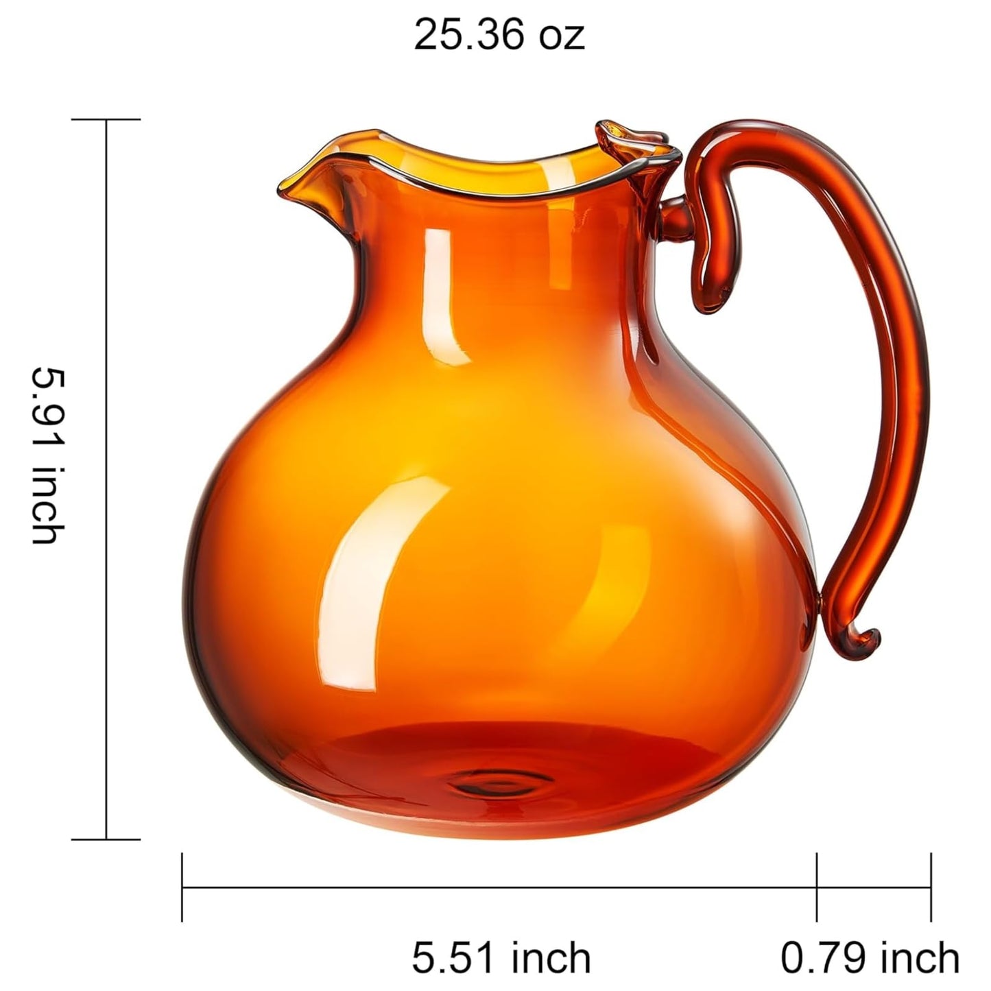 Amber glass jug with handle, rounded body and flared lip in mouth-blown style