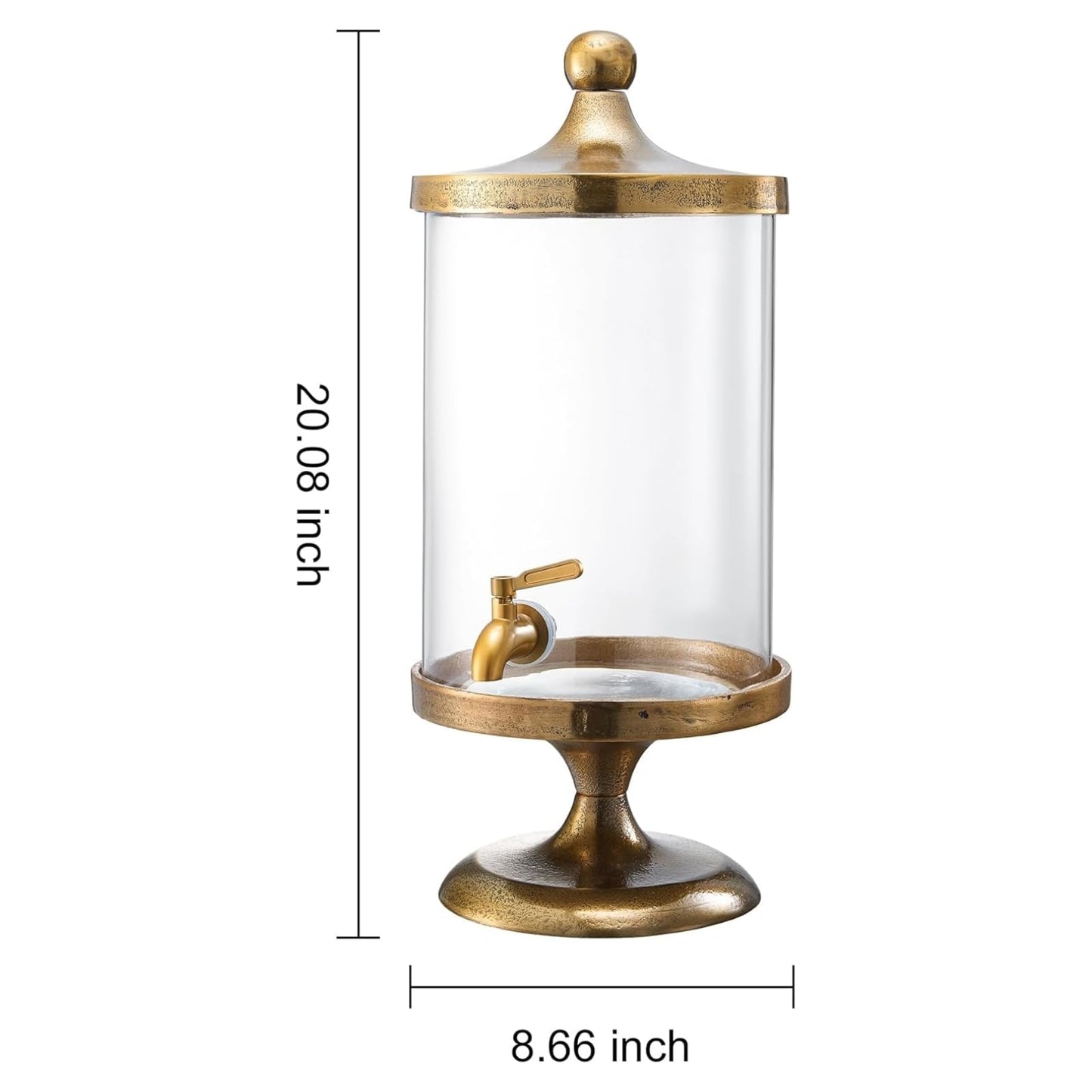 Beverage dispenser with clear glass cylinder, gold spigot and domed lid; 20.08 in tall