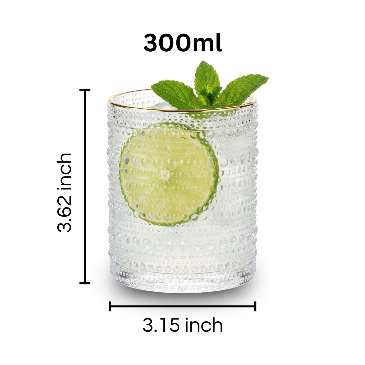 Clear gold-rim hobnail tumbler with lime slice, 300ml, 3.15 in