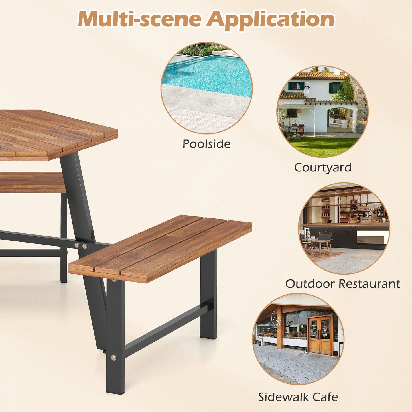 Acacia wood picnic table set multi-scene graphic with table and bench seating