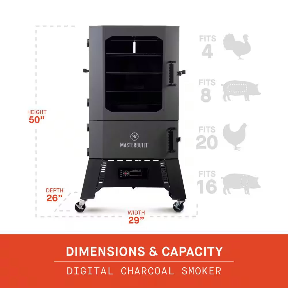 Digital charcoal smoker with height, width, and depth layout shown