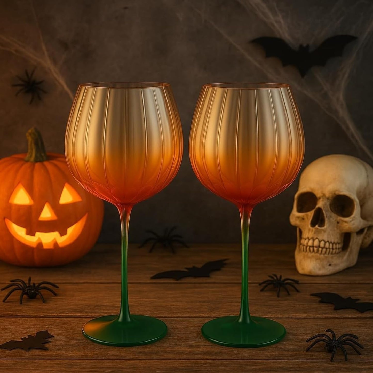 Pair of pumpkin wine glasses with orange liquid, clear ridged cups and green stems
