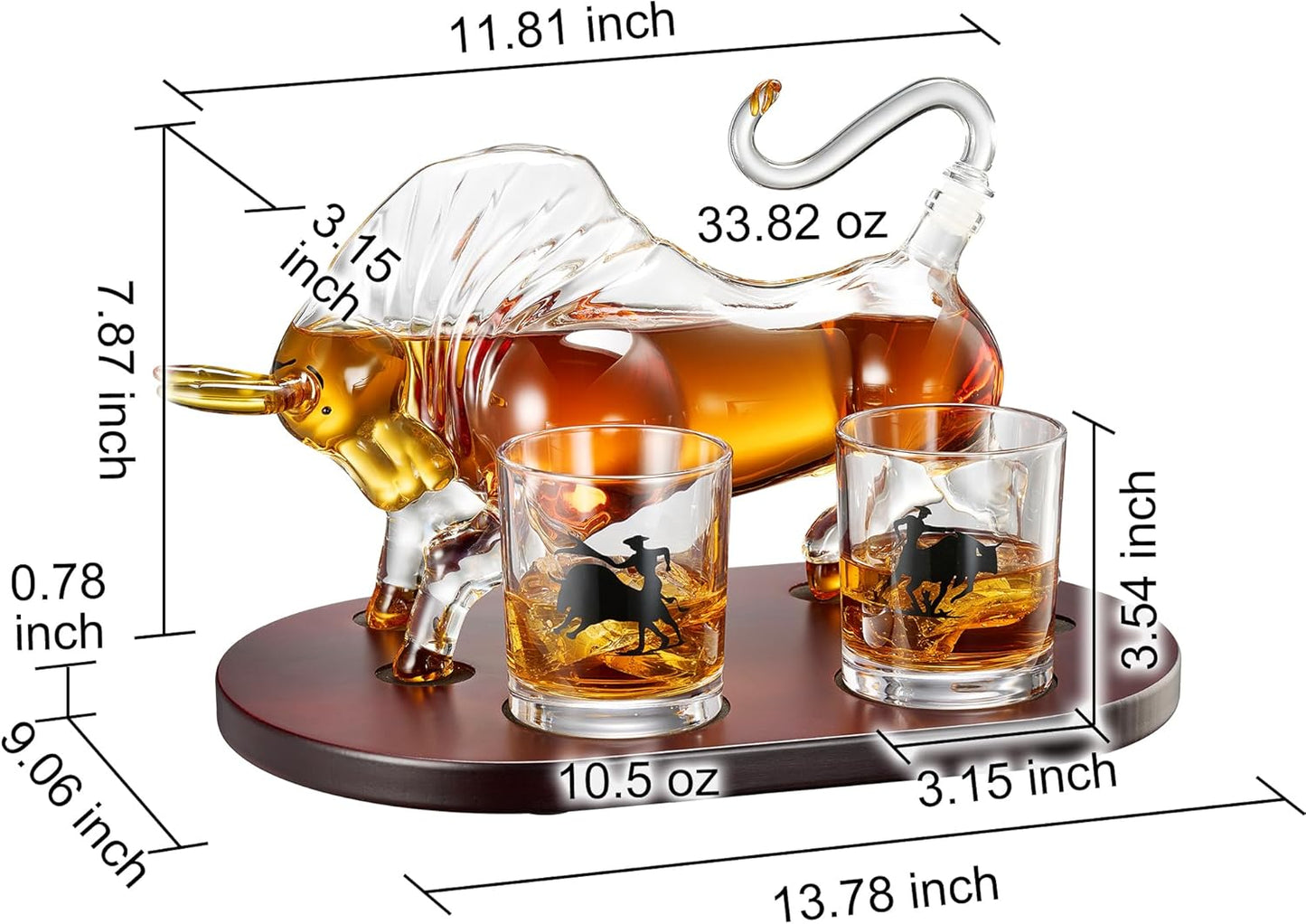 Western bull whiskey decanter set with two engraved tumblers on base tray