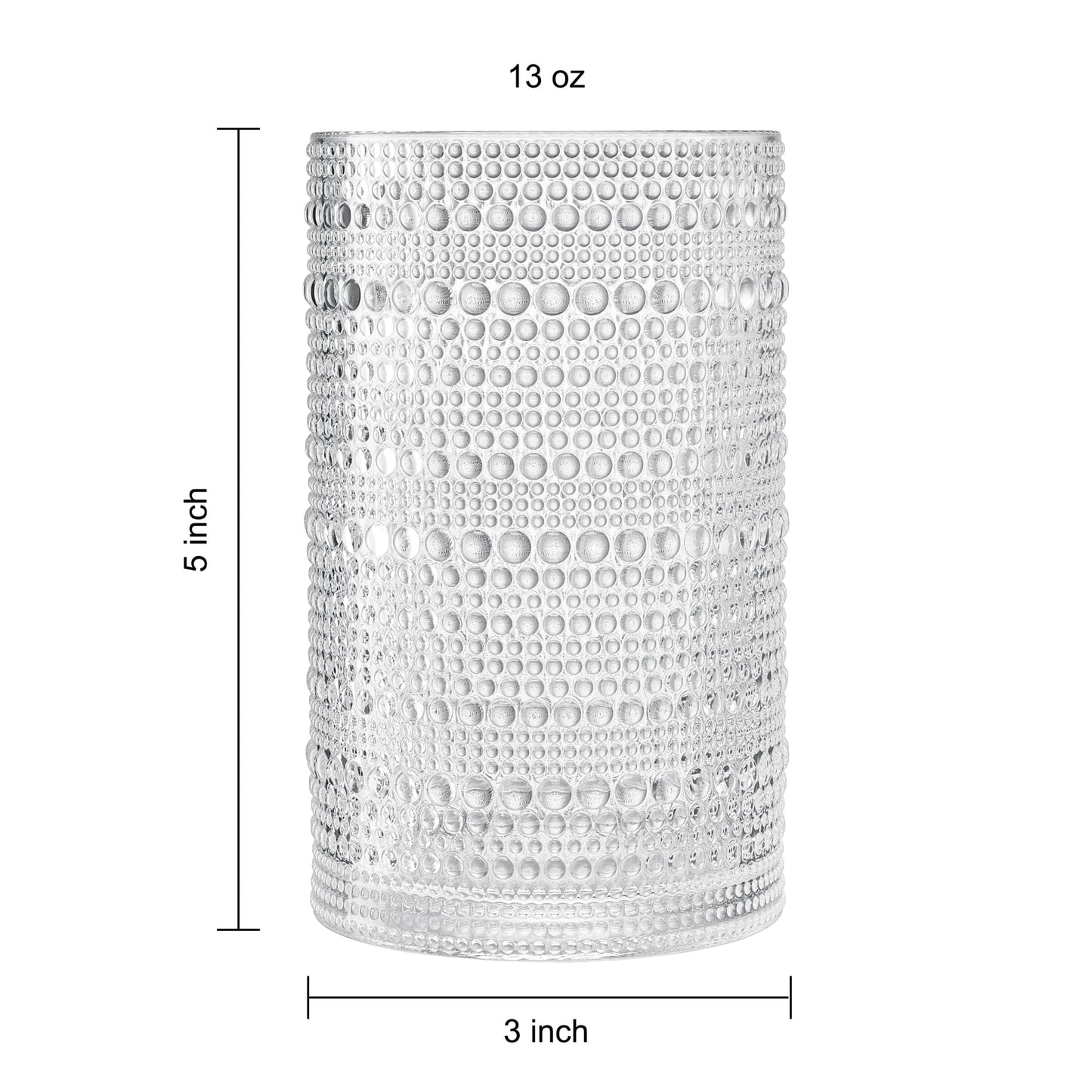 13 oz hobnail drinking glass size: 3 in wide, 5 in tall