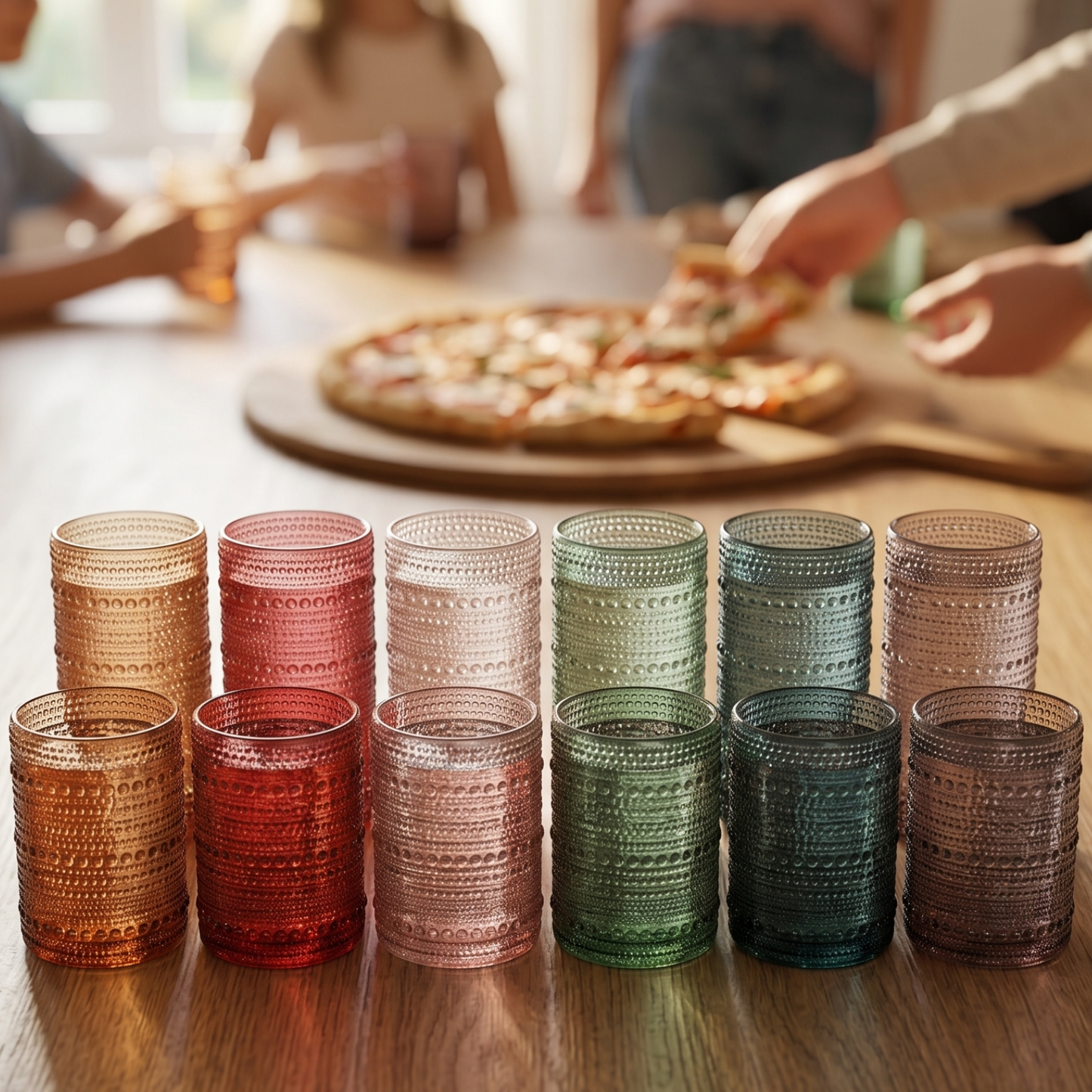 Set of 12 hobnail tumblers, including amber, red, beige, green, and smoke gray on wood table