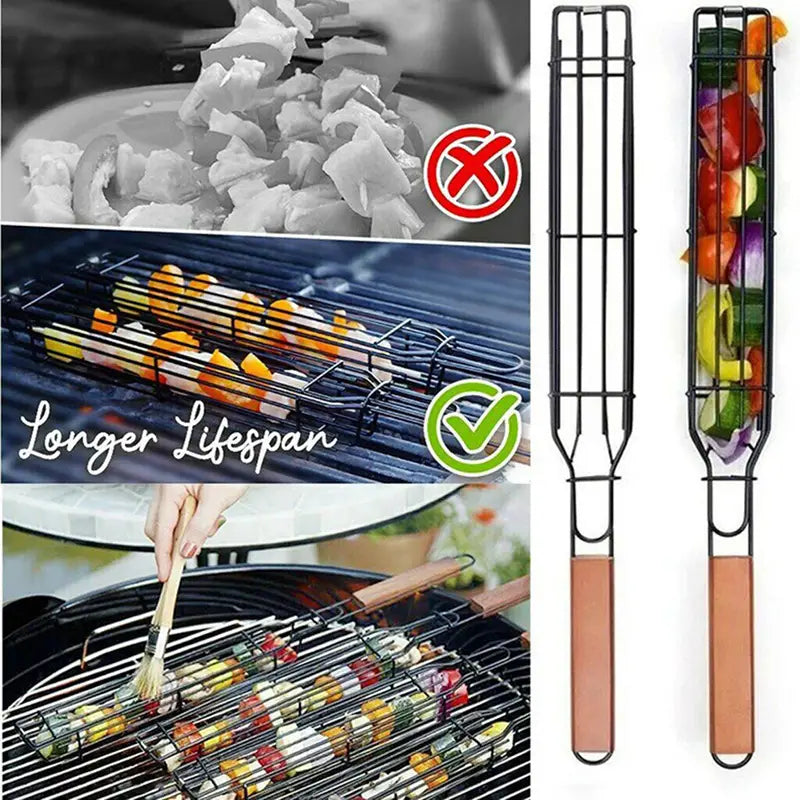 Stainless steel BBQ grilling basket tool with long handle and wire frame