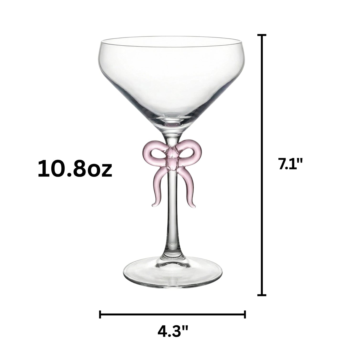 Clear Martini Glass with Pink Bow on Stem, Set of 2