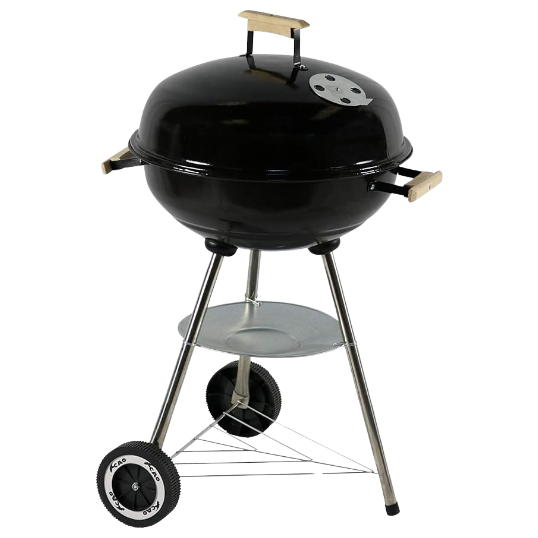 Black charcoal BBQ grill with round lid, side handle, and 2 wheel cart stand