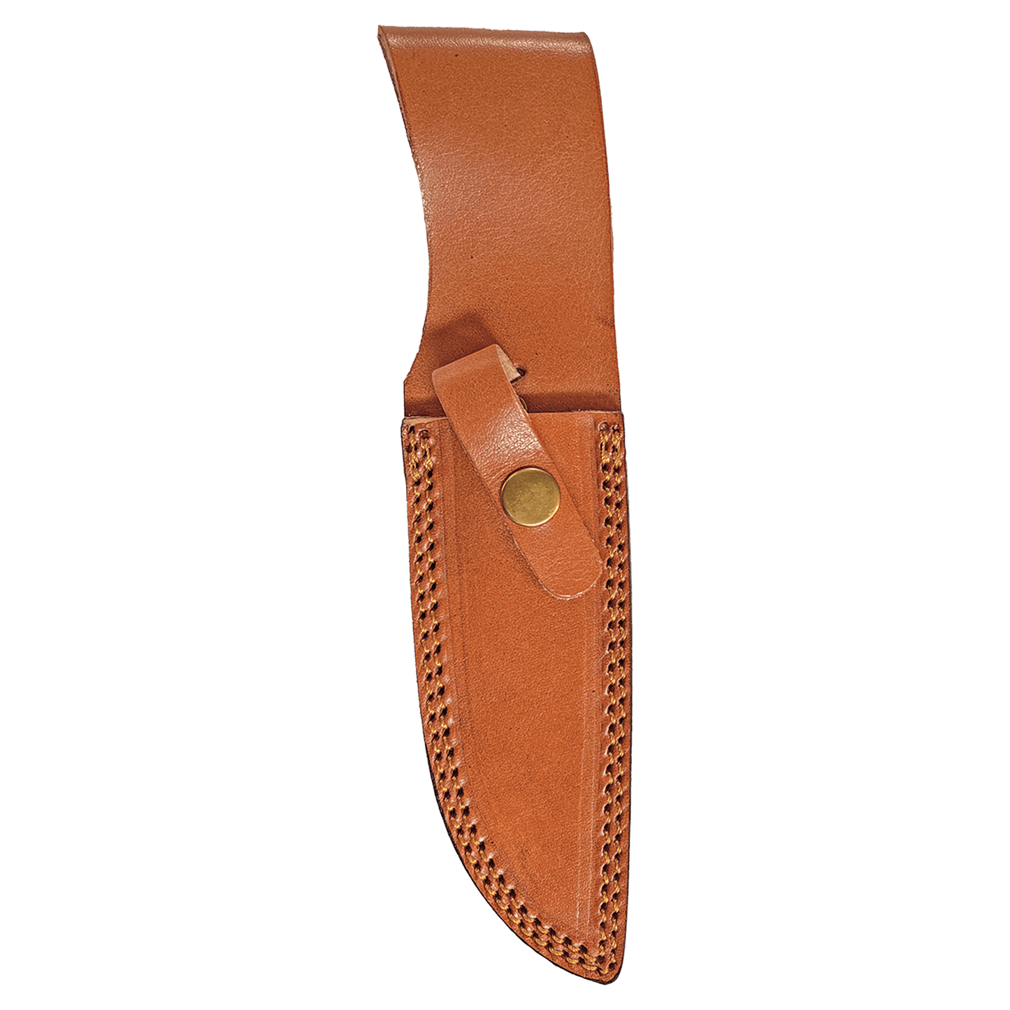 Tan leather knife sheath with brass snap and stitched trim
