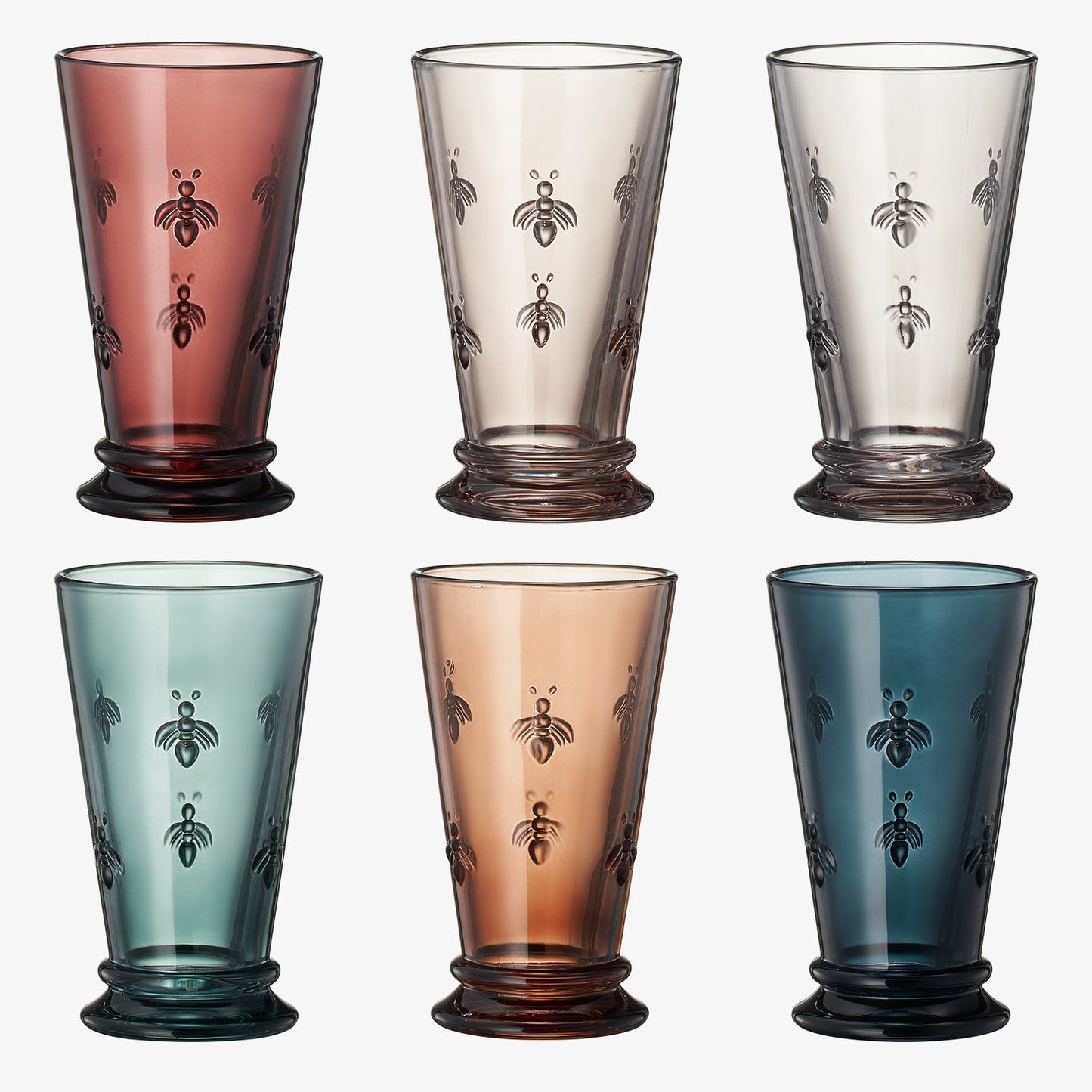 Highball glass set of 6 with bee etching, featuring rose, clear, teal, amber, and blue