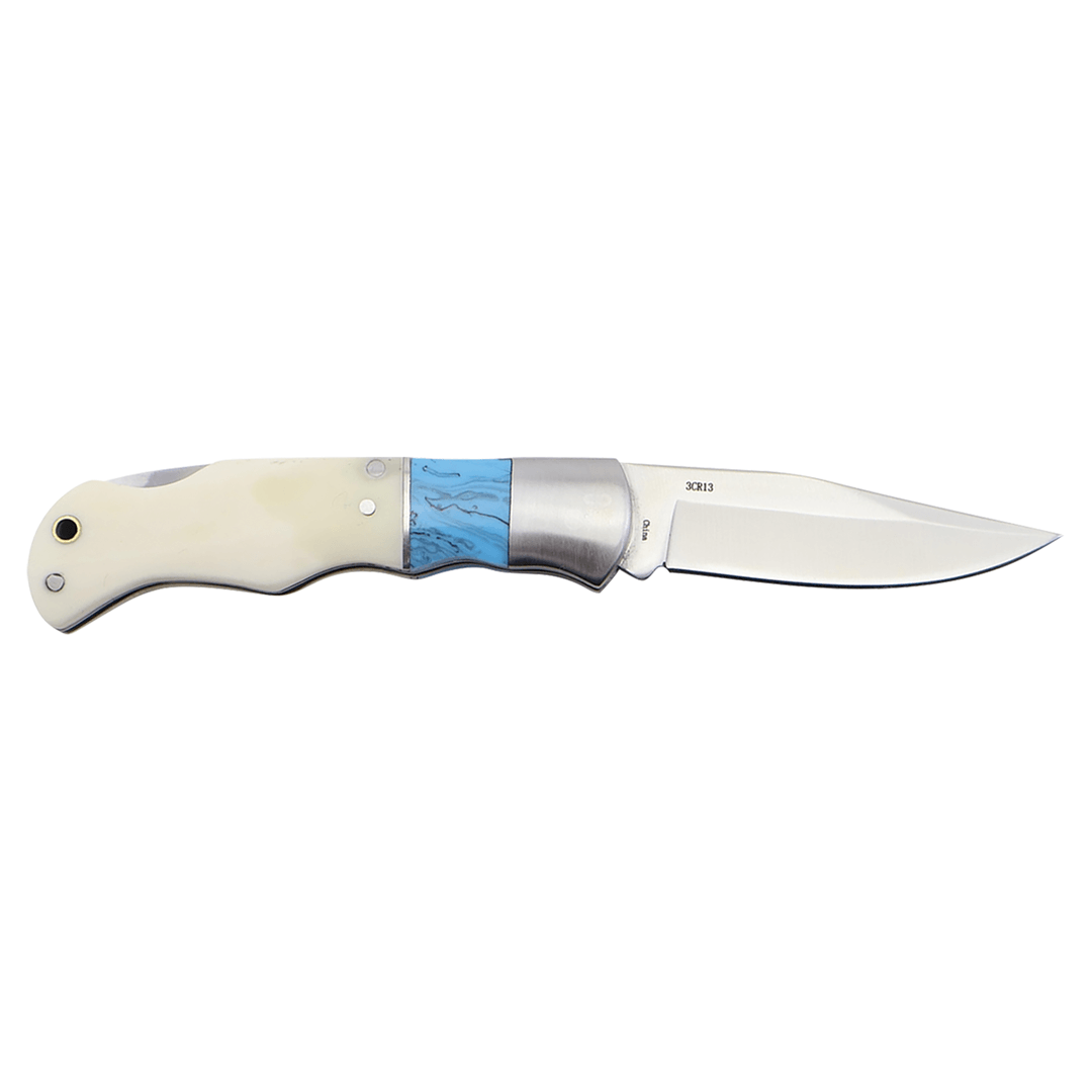 Folding knife with bone white handle, blue inlay, and stainless drop-point blade