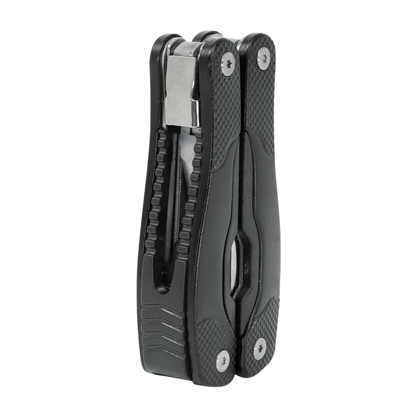 Folded black 13-function multi-tool in black nylon sheath with textured grips.