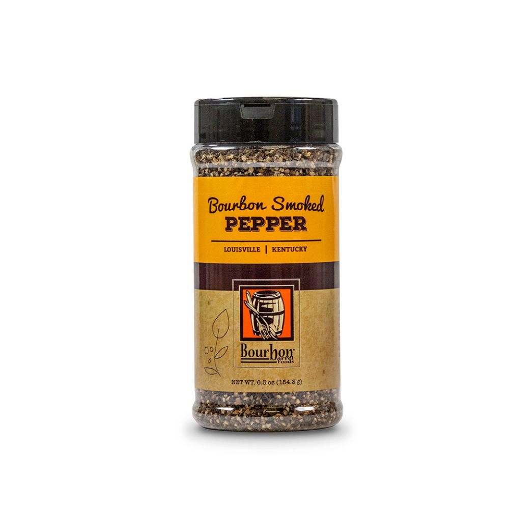 Smoked pepper seasoning bottle jar with black cap and orange label