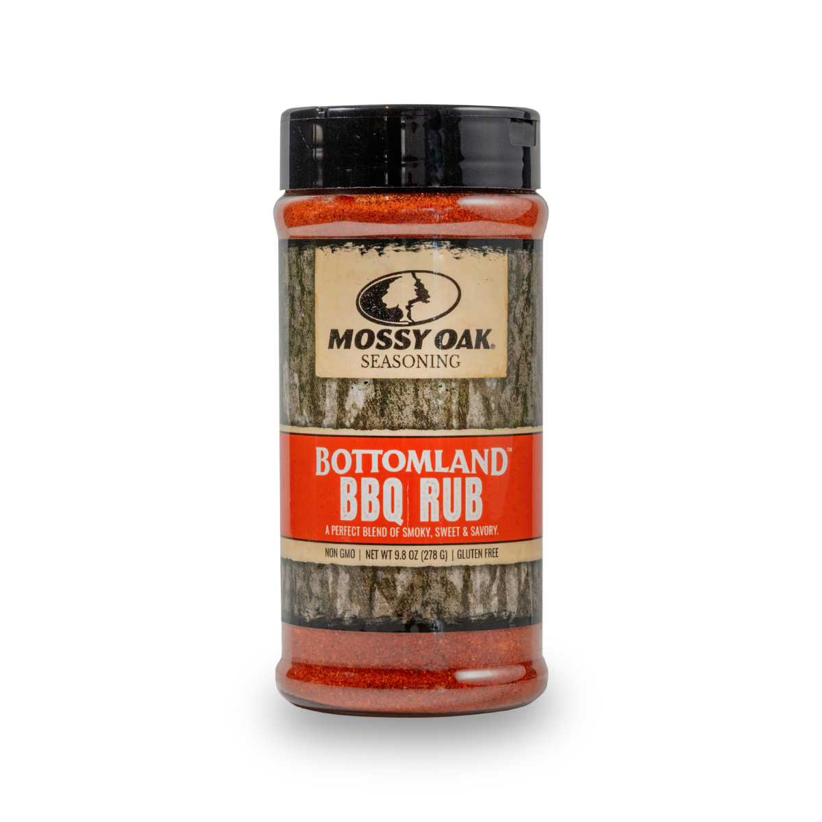 Mossy Oak Bottomland BBQ Rub seasoning bottle with orange-red label
