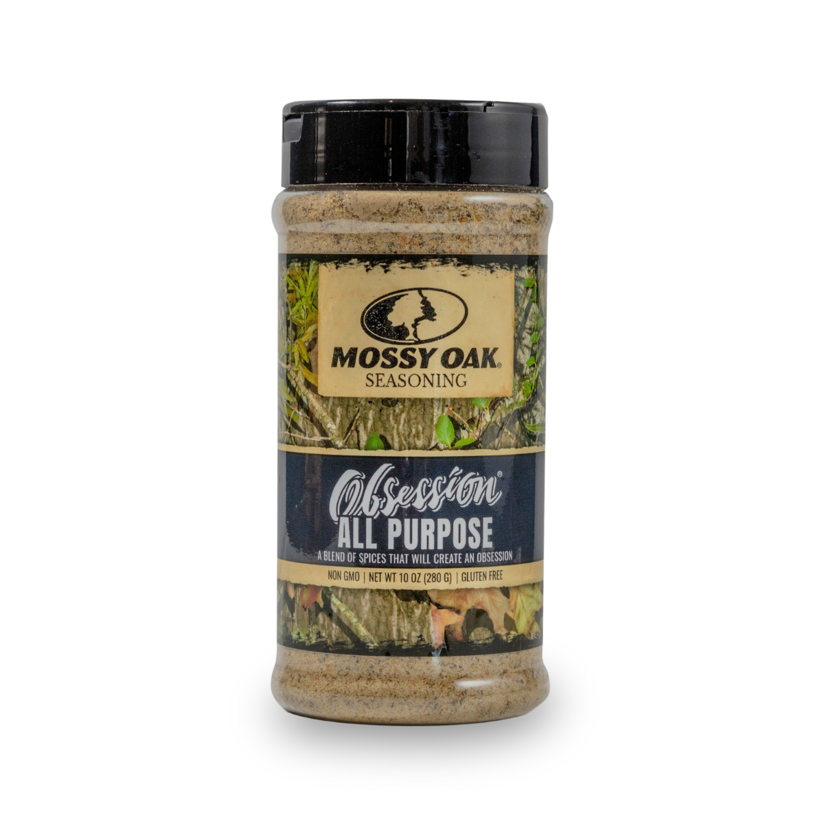 Mossy Oak all-purpose seasoning bottle with black cap and camo label