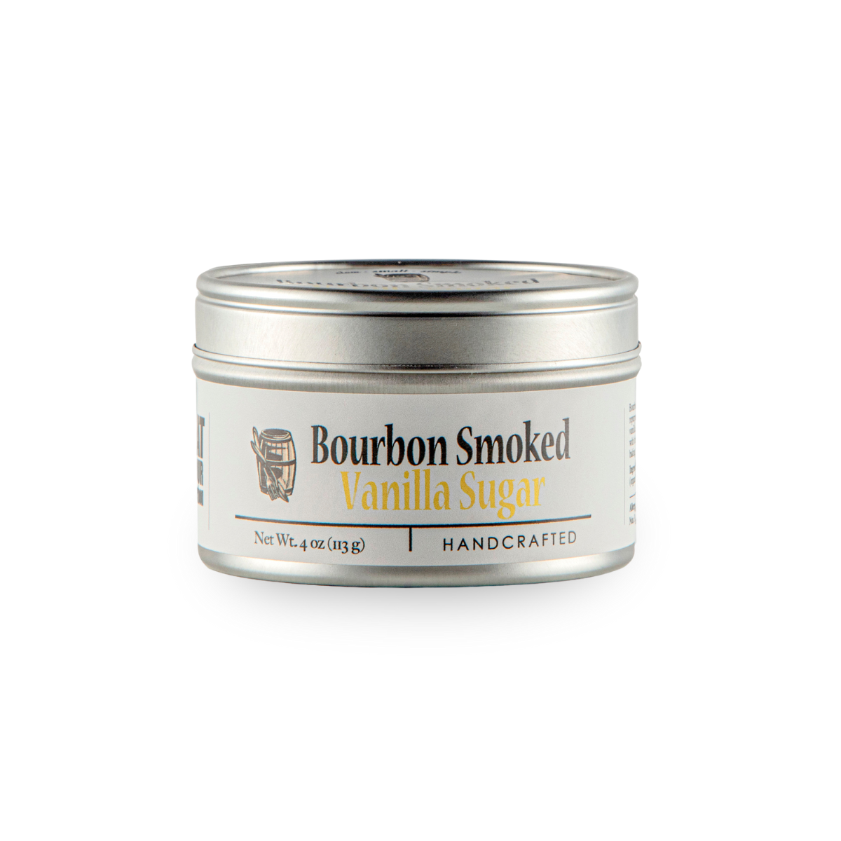 Smoked vanilla sugar tin with front label and silver screw-top lid