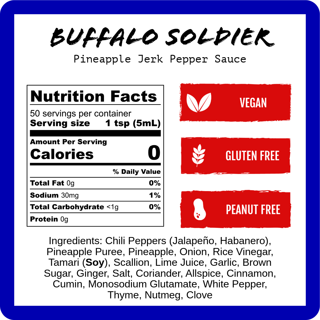 Buffalo Soldier pineapple jerk pepper sauce nutrition label: vegan, gluten-free, peanut-free.