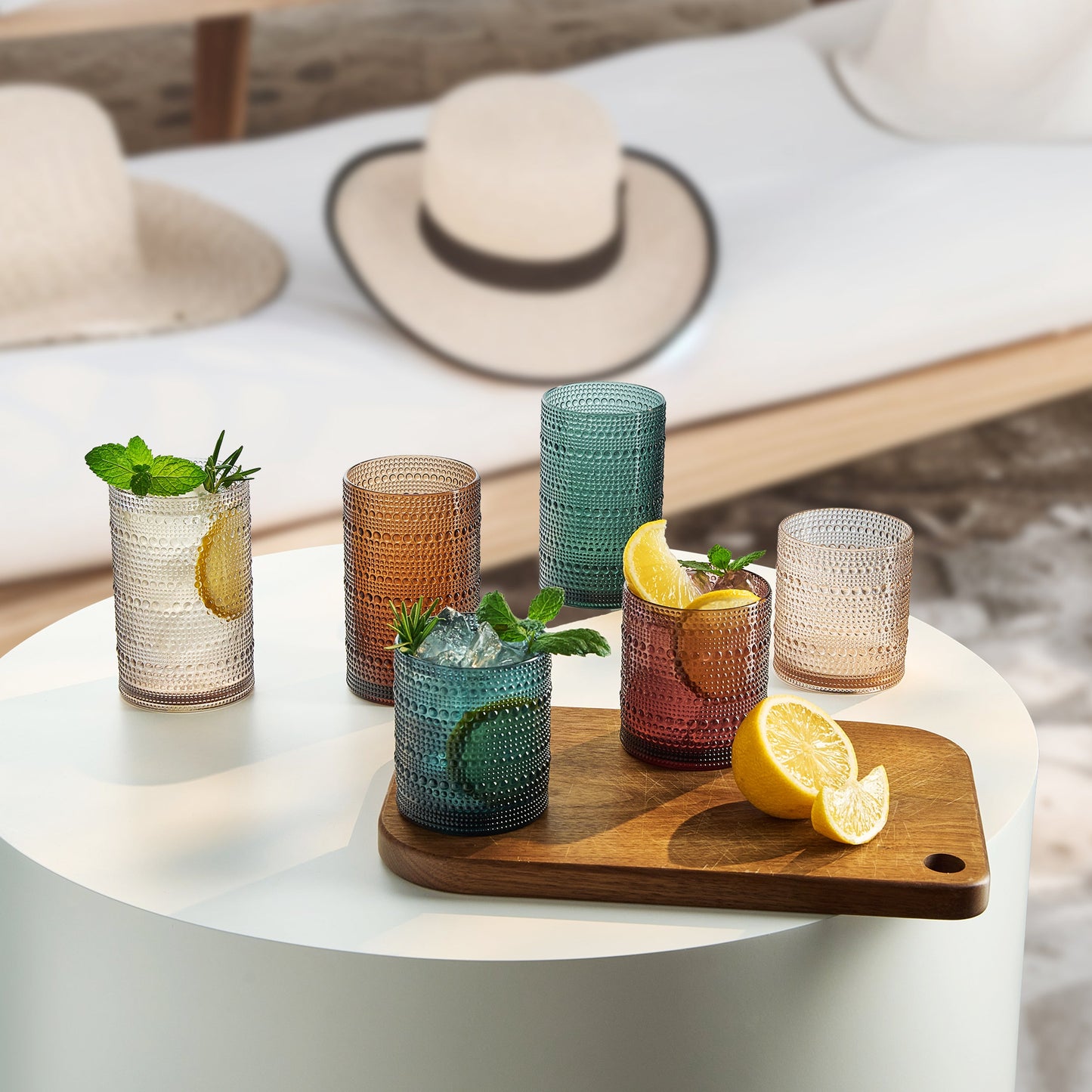 Hobnail acrylic lowball and highball cups set of 12 with lemon on serving board
