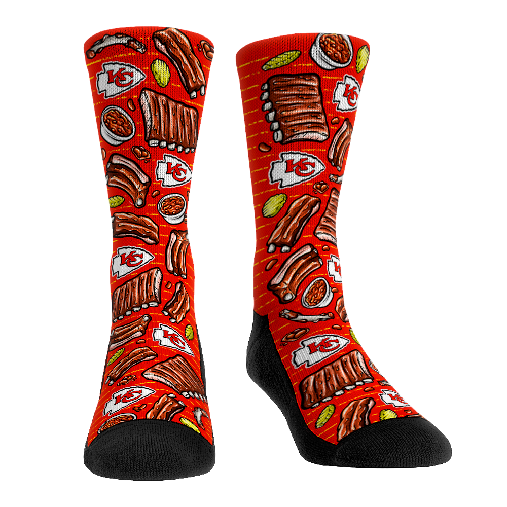 Kansas City Chiefs BBQ crew socks, red with KC logo and ribs/burger graphics