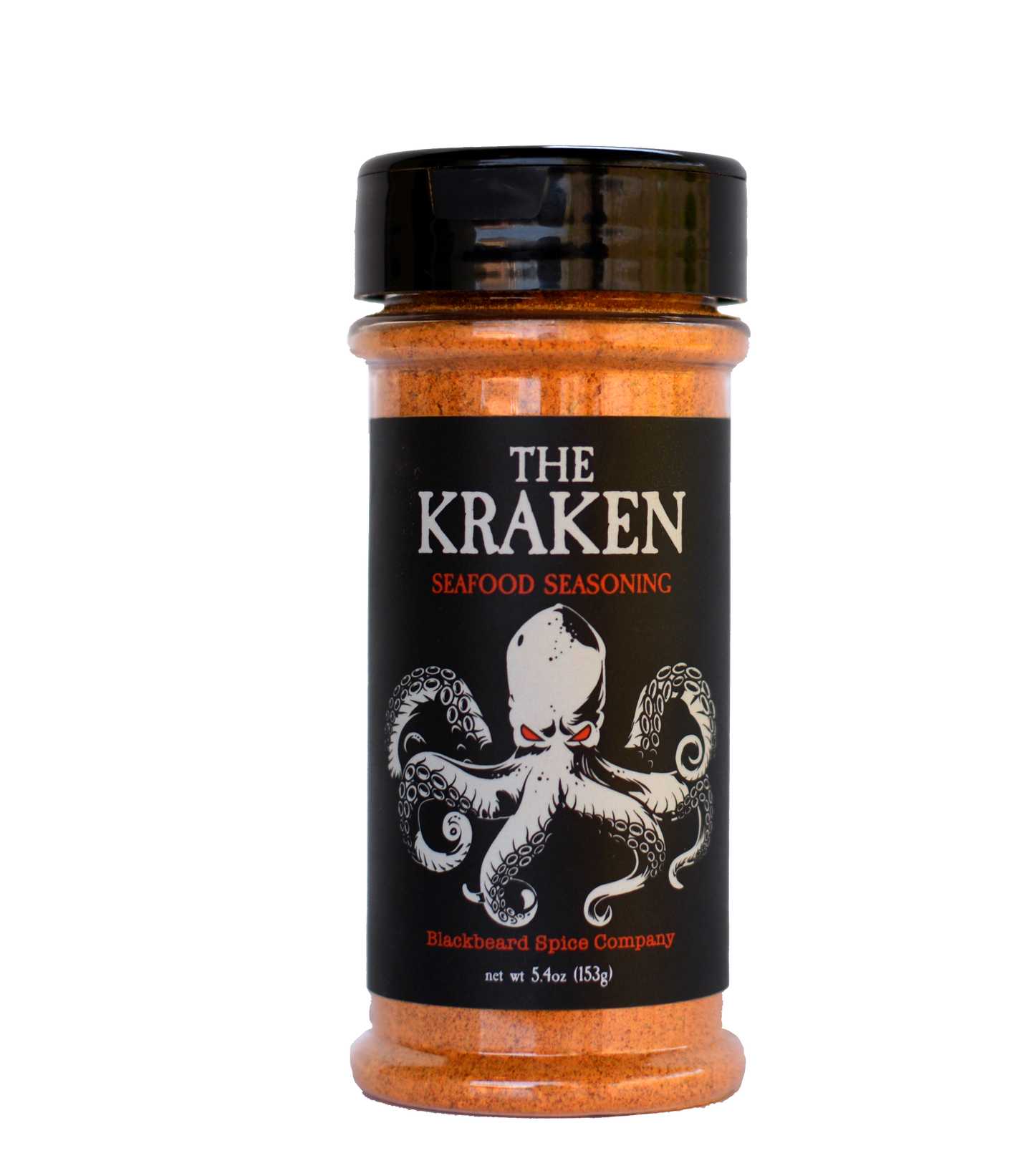 Kraken seasoning bottle with black label, white octopus logo, orange-brown rub