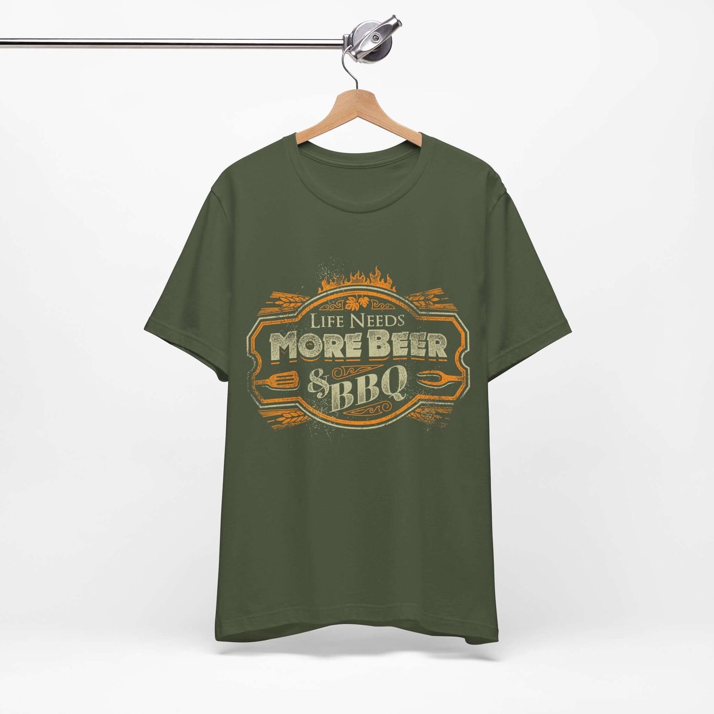 Olive green T-shirt with beer and BBQ emblem graphic