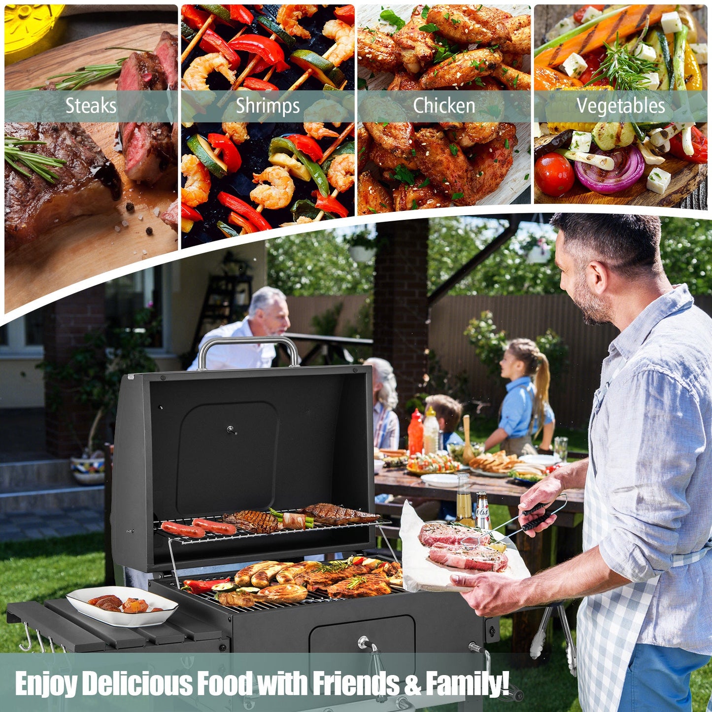 Outdoor charcoal grill on wheels with open lid and cooked food on the grates