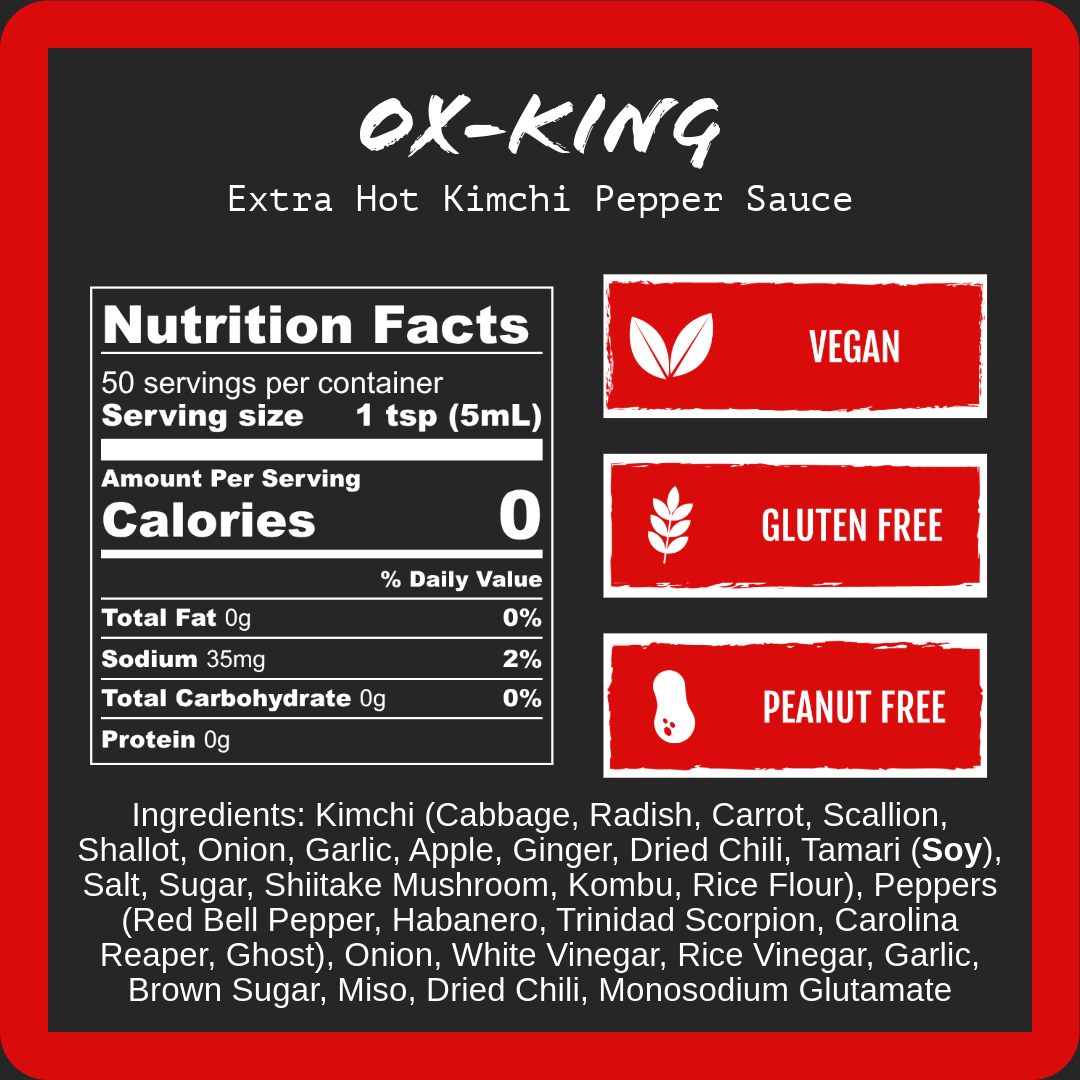 Oktober King extra hot kimchi pepper sauce label, vegan, gluten-free, peanut-free