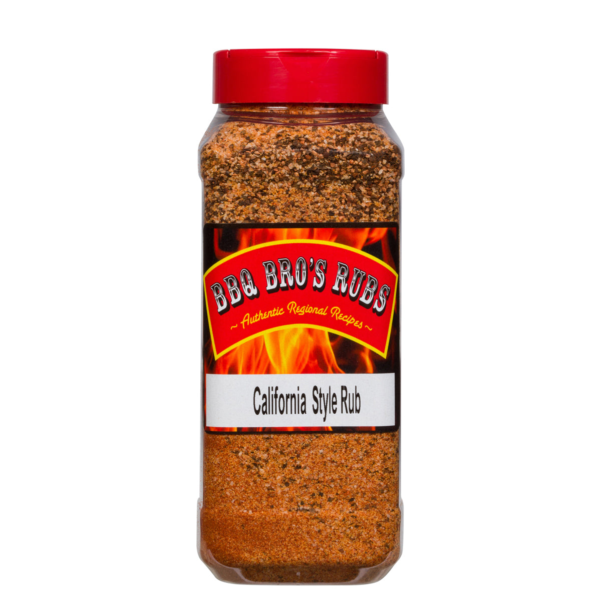 BBQ seasoning rub bottle, red cap, California Style Rub label and orange-brown contents