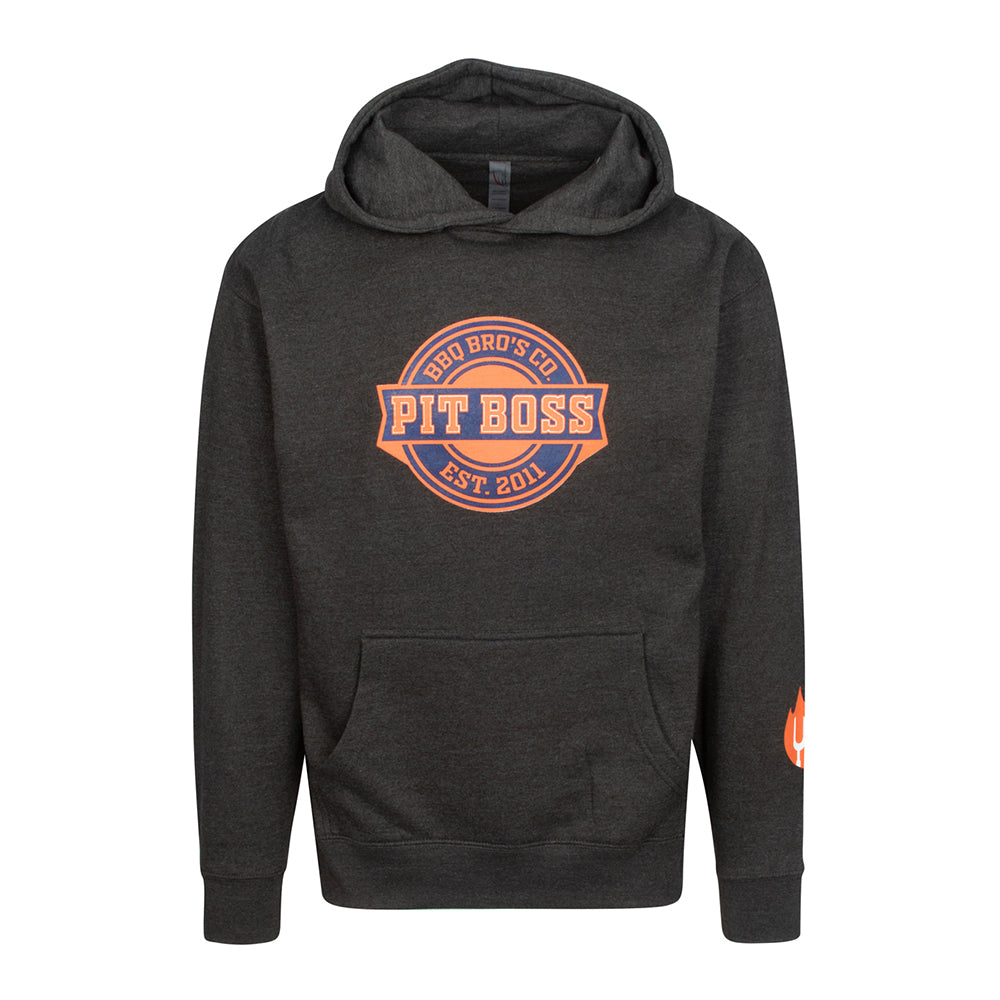 Charcoal grey hoodie front with orange Pit Boss EST. 2011 emblem and side sleeve print