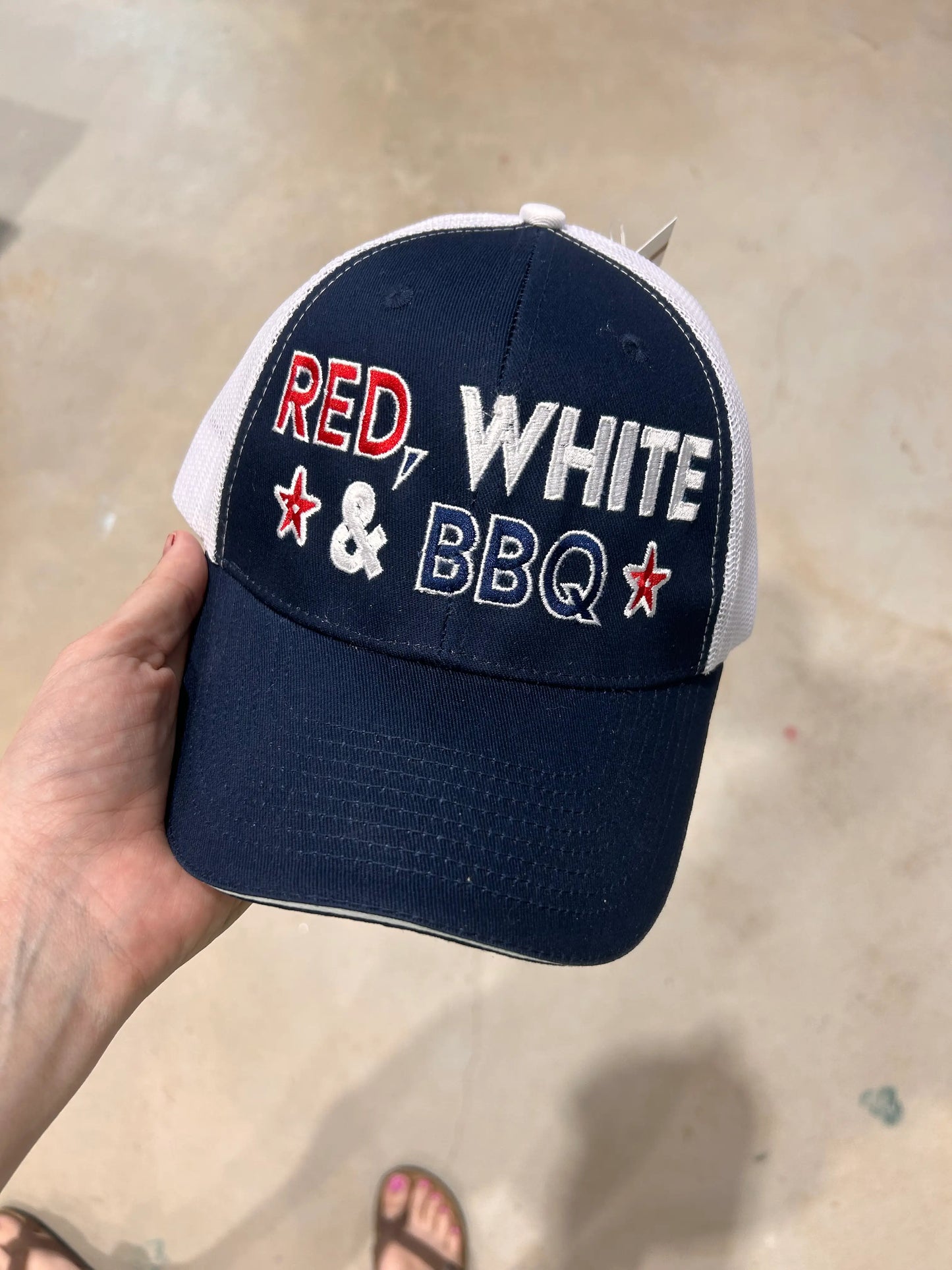 Navy snapback trucker cap with red, white & BBQ embroidered front panel