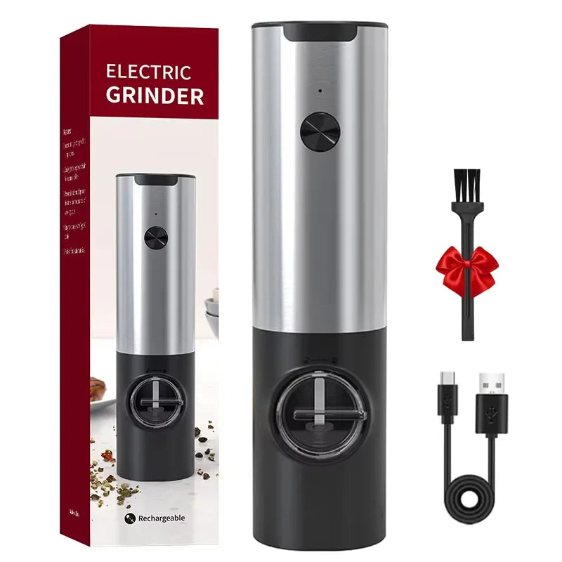 Electric grinder with stainless steel body and black base, included USB charging cable