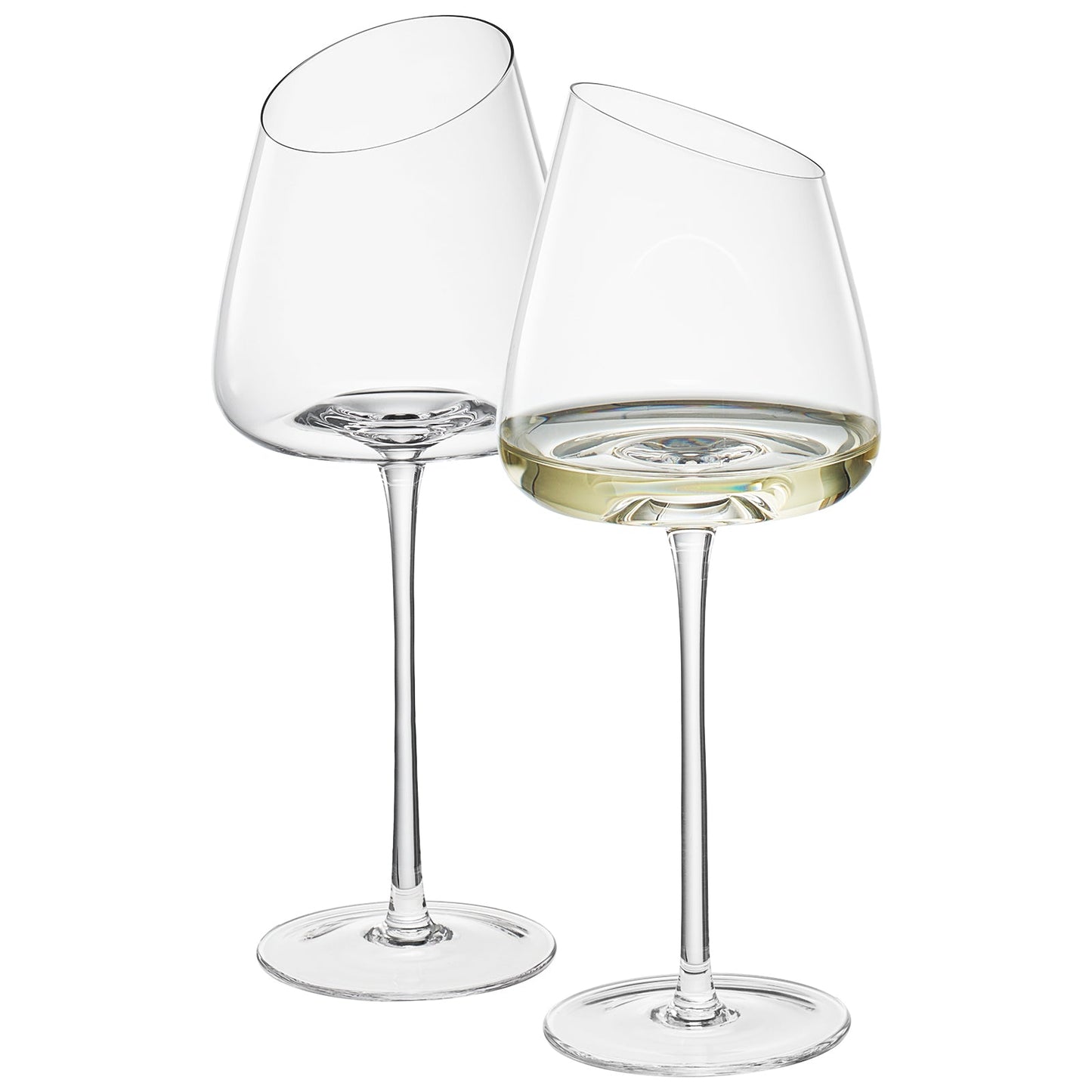 Stemmed wine glass set of 2, one with pale white wine and one clear glass