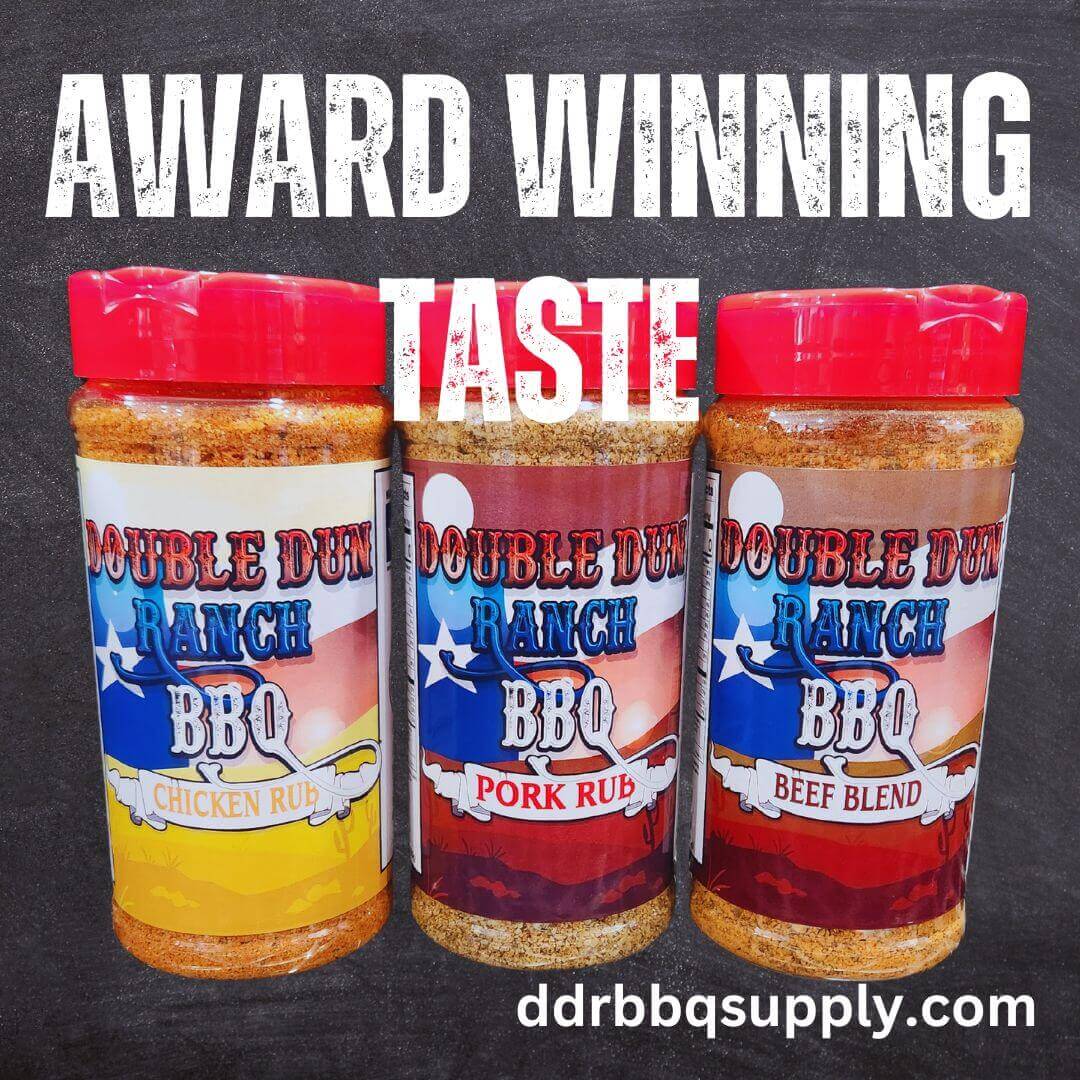 BBQ rub variety set featuring three red-lidded seasoning bottles on a dark background