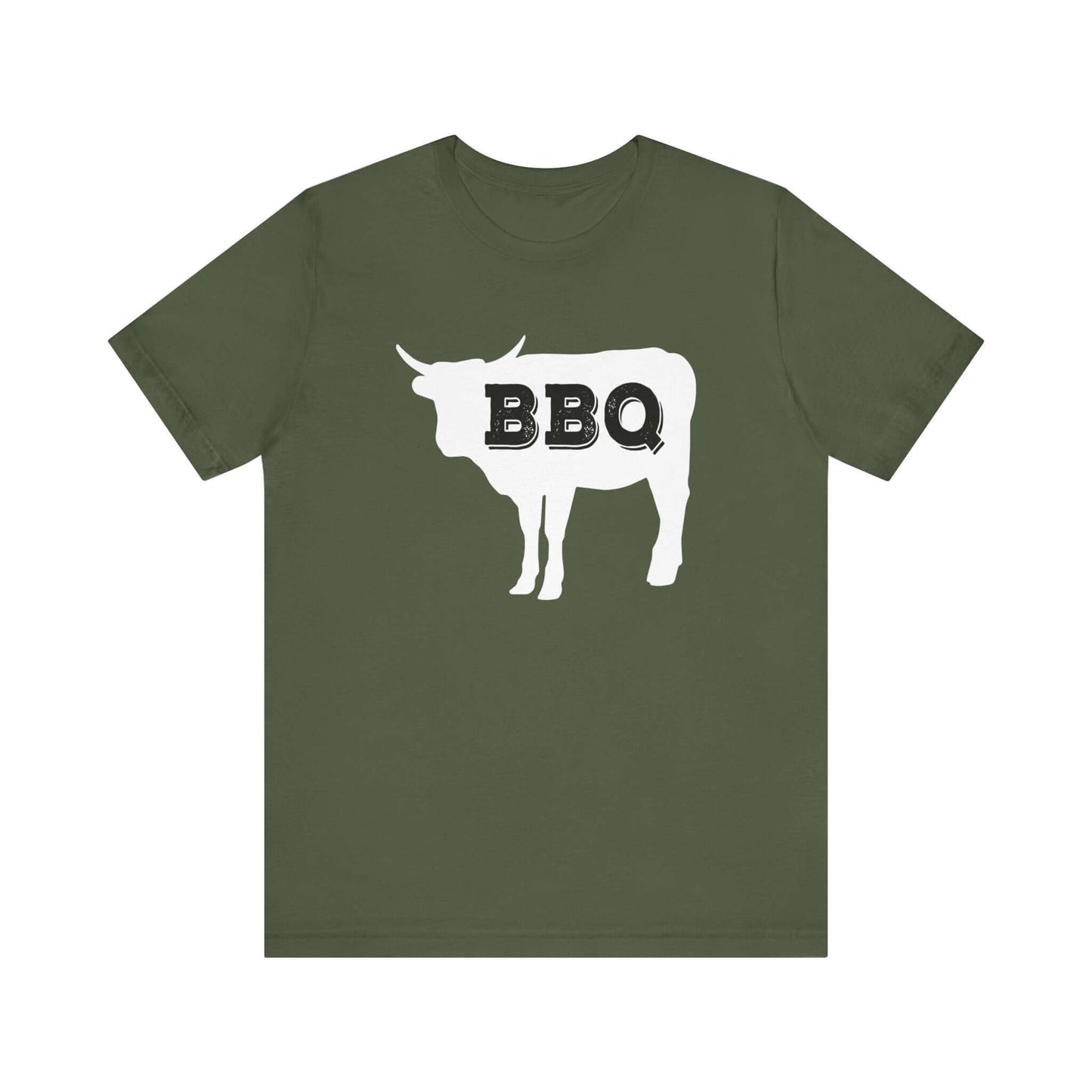 Military green t-shirt with white BBQ steer graphic at chest