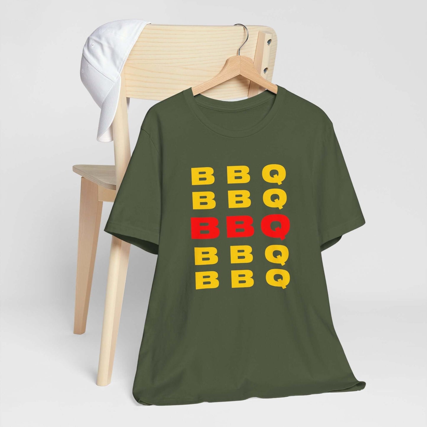 Green crewneck T-shirt with stacked multicolor BBQ letter print