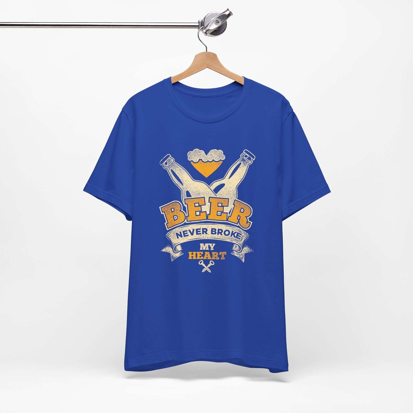 Royal blue beer-themed T-shirt with crossed bottles and 'BEER' graphic on front
