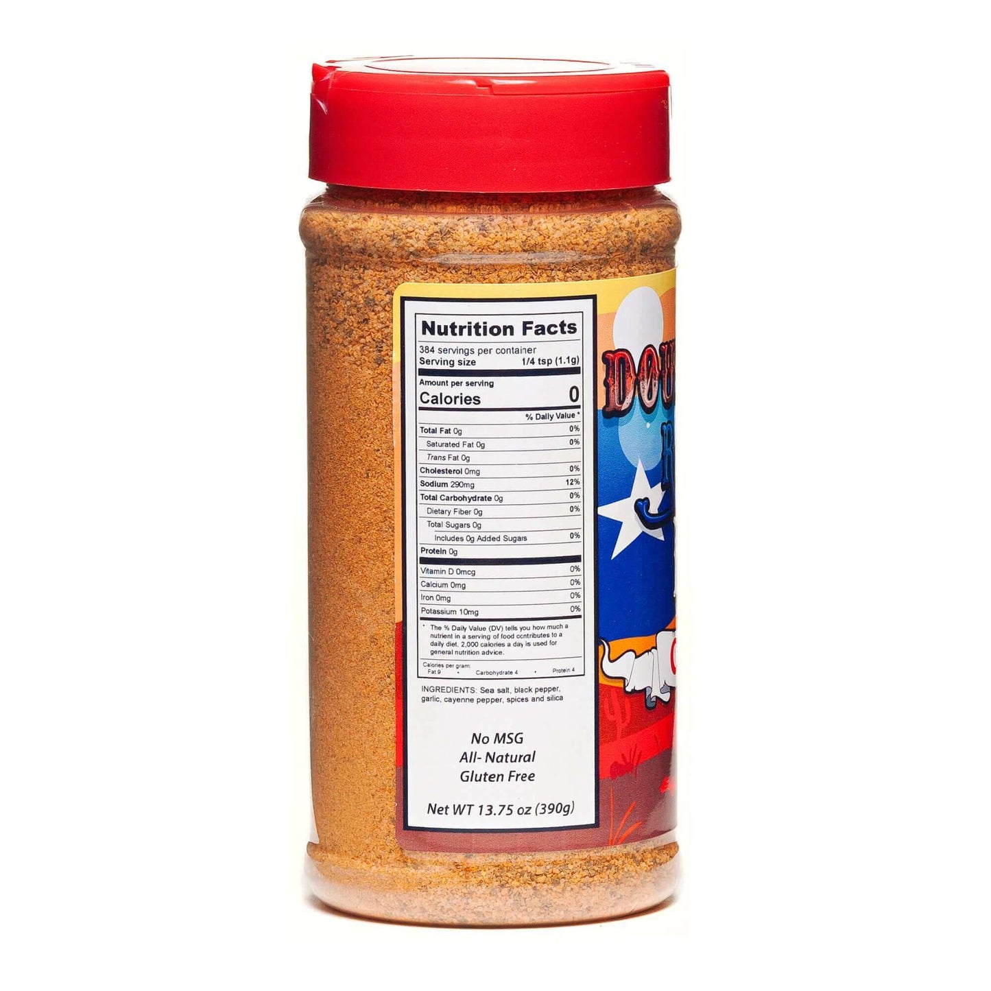 BBQ Cajun rub seasoning bottle, nutrition facts label on back