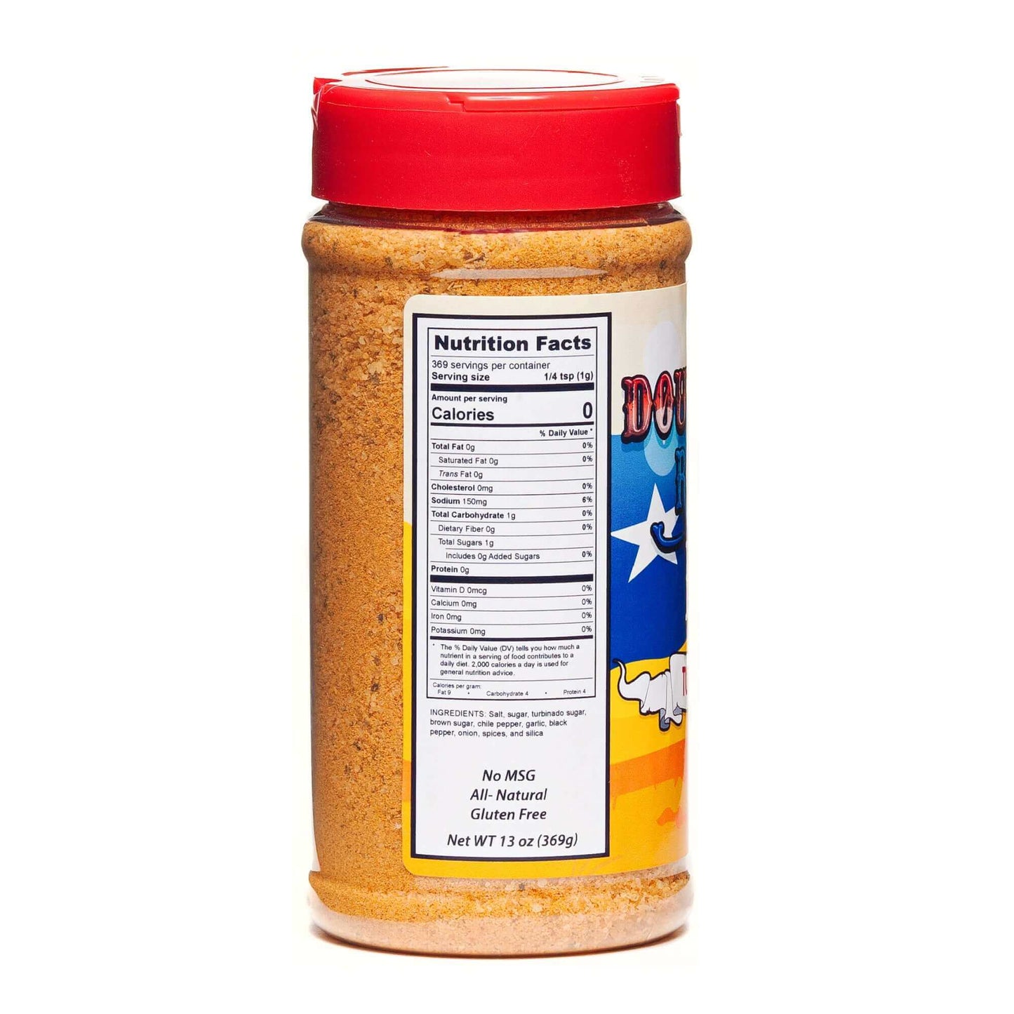 BBQ turkey rub seasoning bottle back with nutrition facts panel and red cap