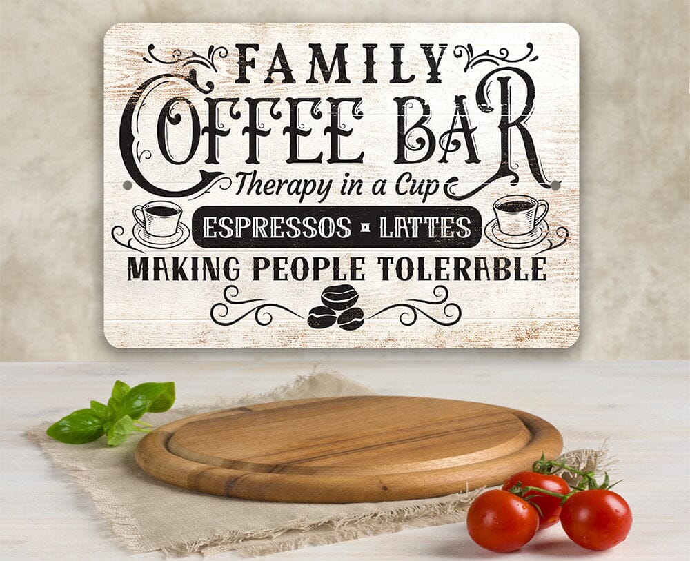 Metal coffee bar sign with "Family Coffee Bar" text and coffee cup illustrations