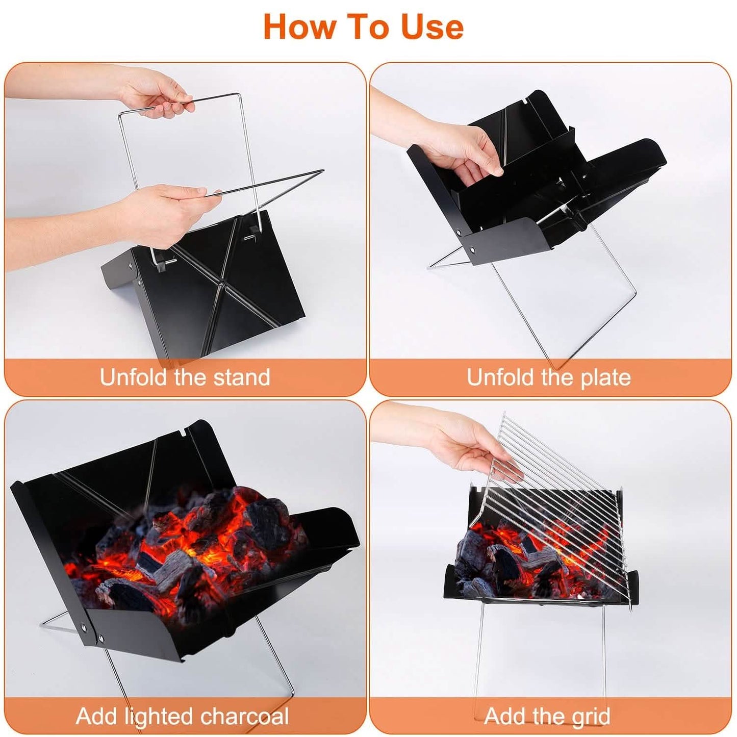 Folding charcoal BBQ grill with cooking grid, open frame holding lit coals