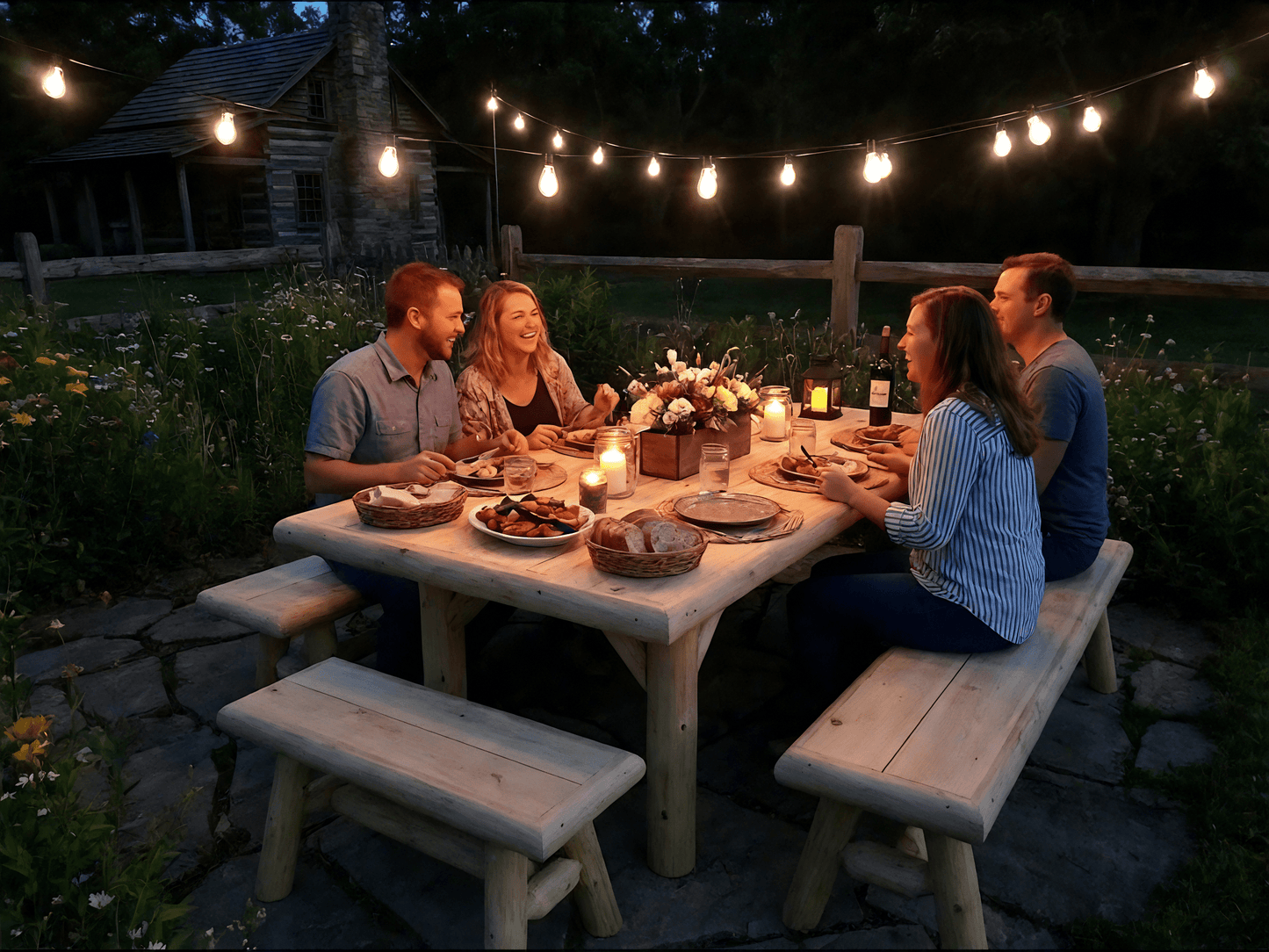 Outdoor picnic table and benches with candlelit dining setup on light wood slats